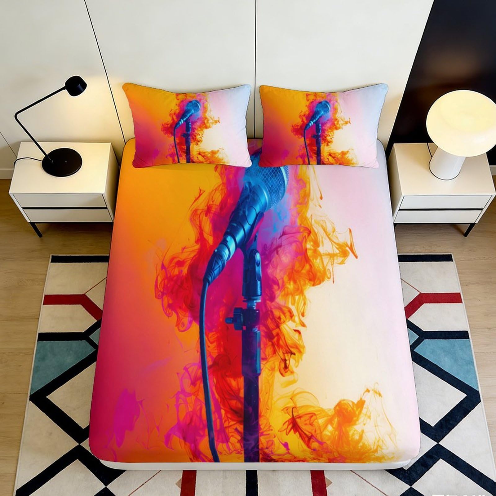 Jqzkxnhpbr Style-7 3D Printed Flame Microphone Fitted Sheet Microfiber Soft Vibrant Colorful Smoke Bed Cover For Bedroom Dorm Decor 90X200x25cm