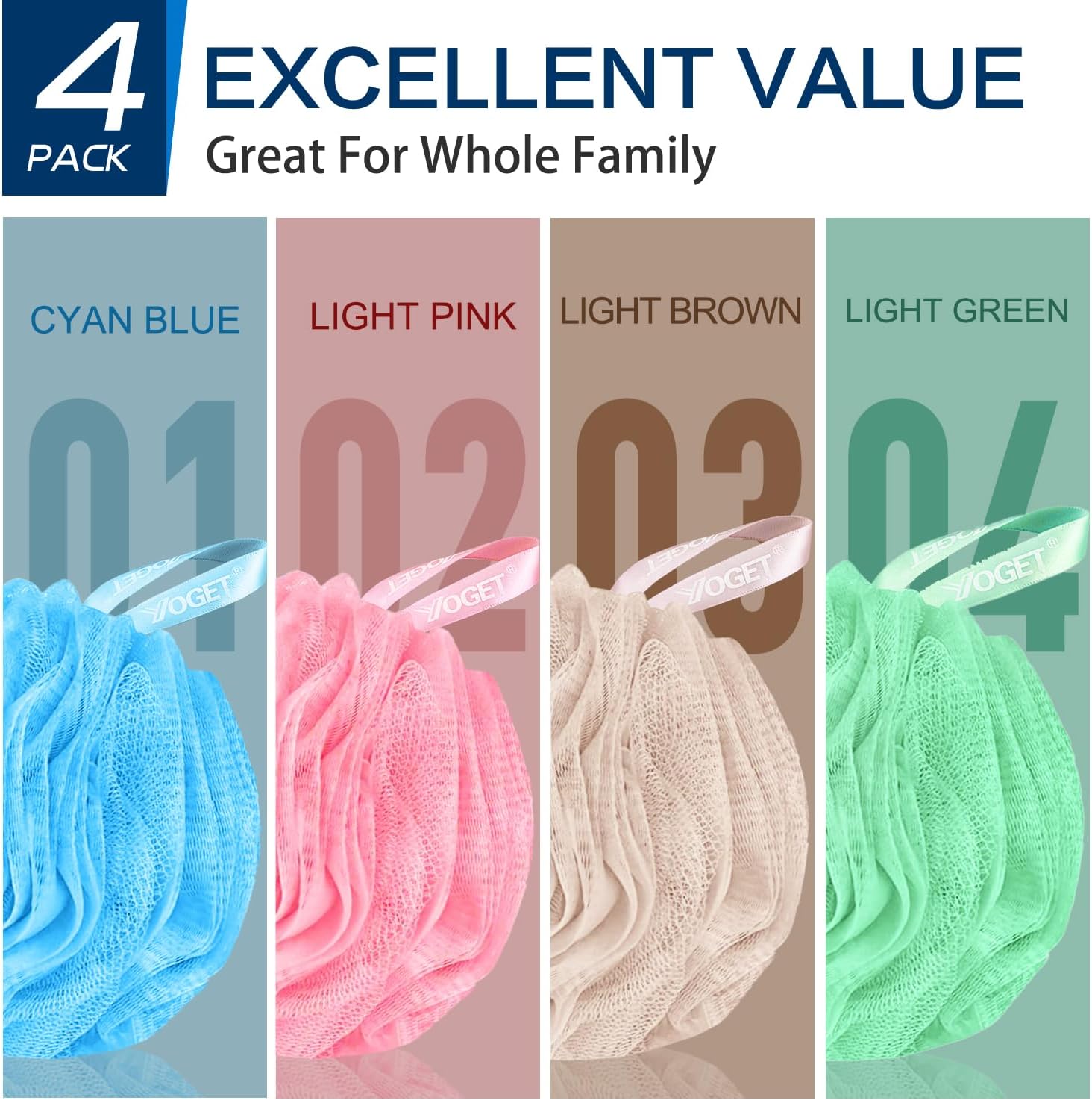 Yoget 4 Pack Shower Loofah Sponge, 4 Bright Color 60G Bath Sponge image 5