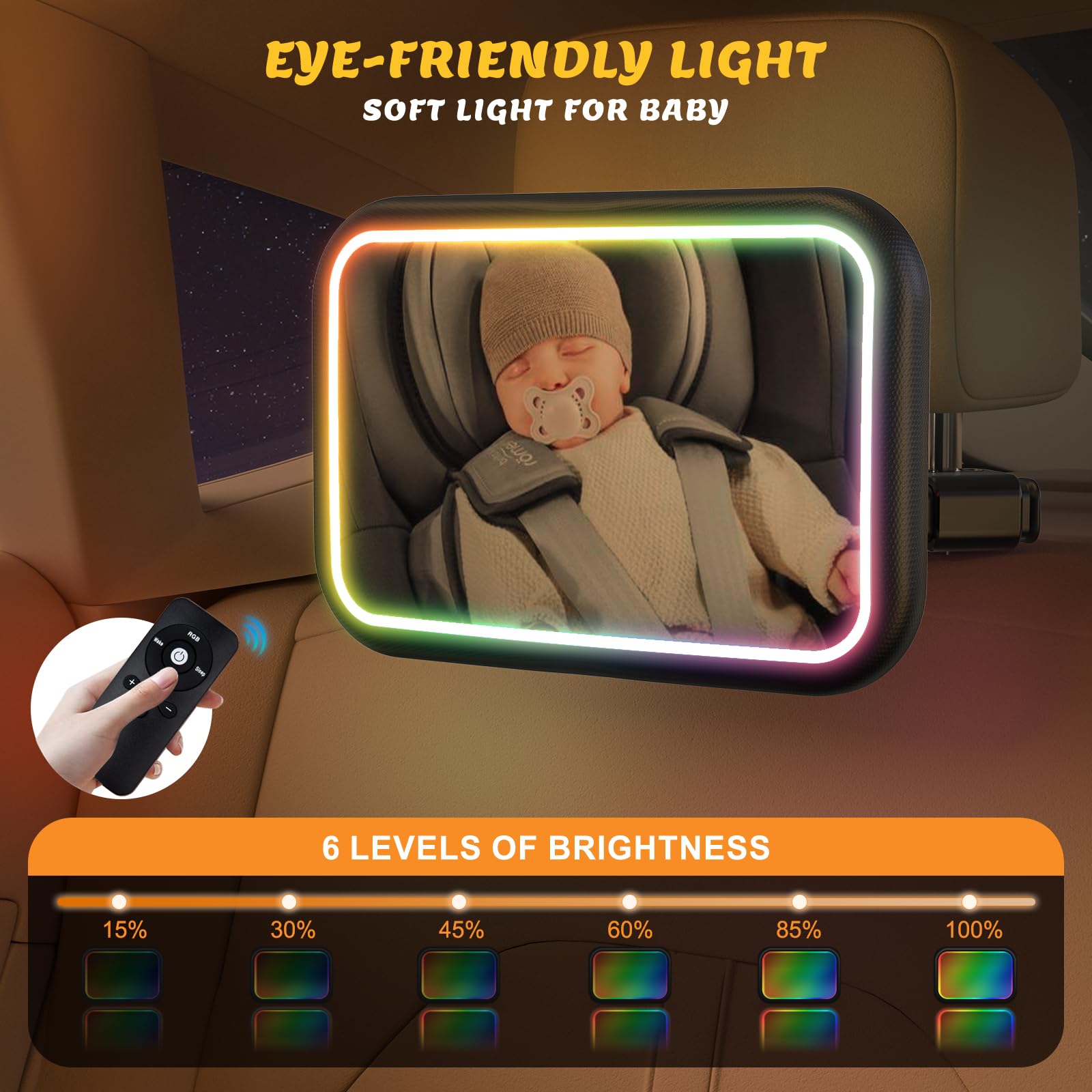 Espejo de coche para bebé con luz, control remoto, espejo de asiento trasero para bebé, 7 modos de luz RGB, rotación de 360°, espejo de asiento de coche recargable para bebé, inastillable y gran