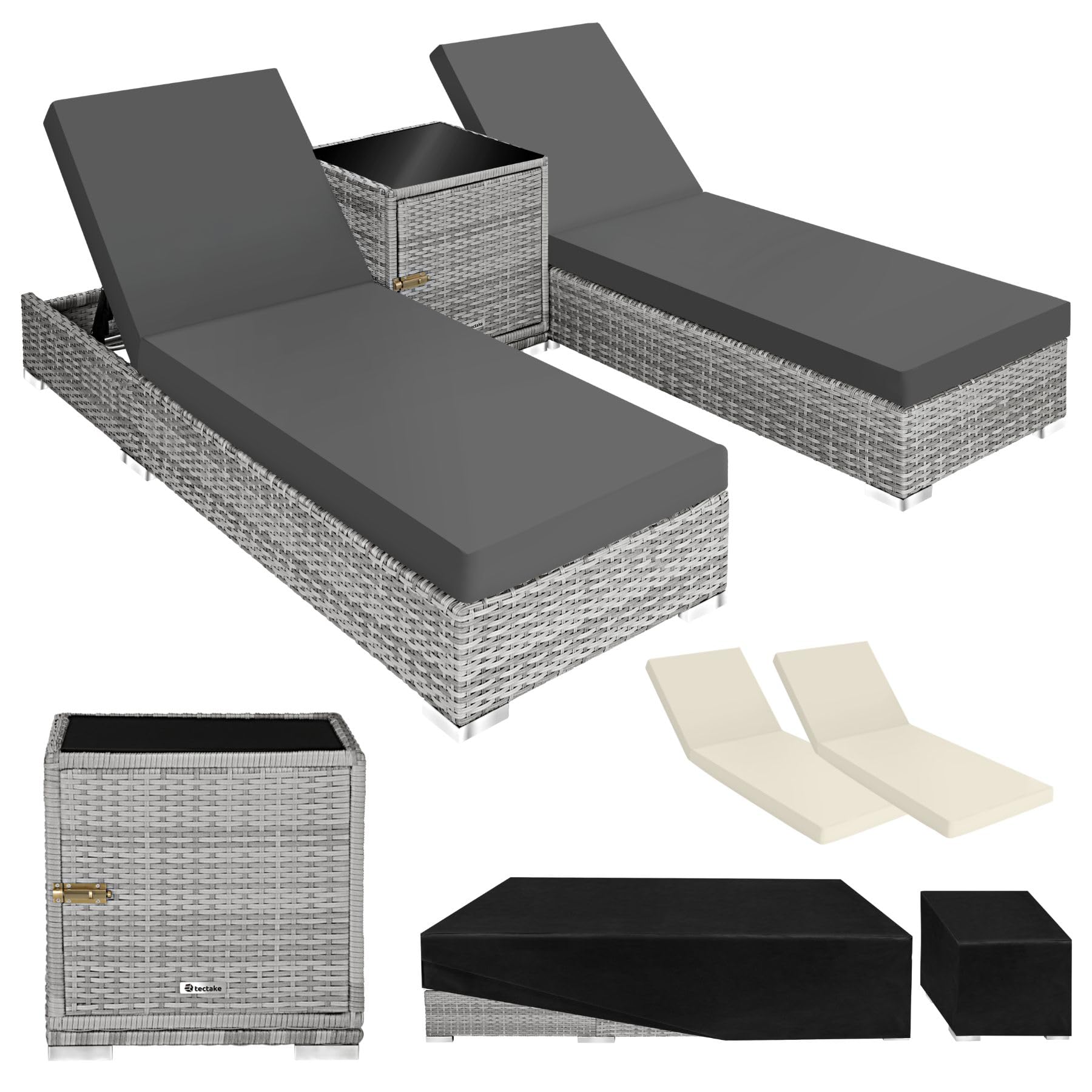 TecTake® Set 2 Tumbonas de Ratán y Aluminio + Mesa Jardín, Tumbonas Piscina Respaldo Regulable, Tumbonas Playa Resistente a la Intemperie, Fundas Intercambiables, Funda Protectora - Negro