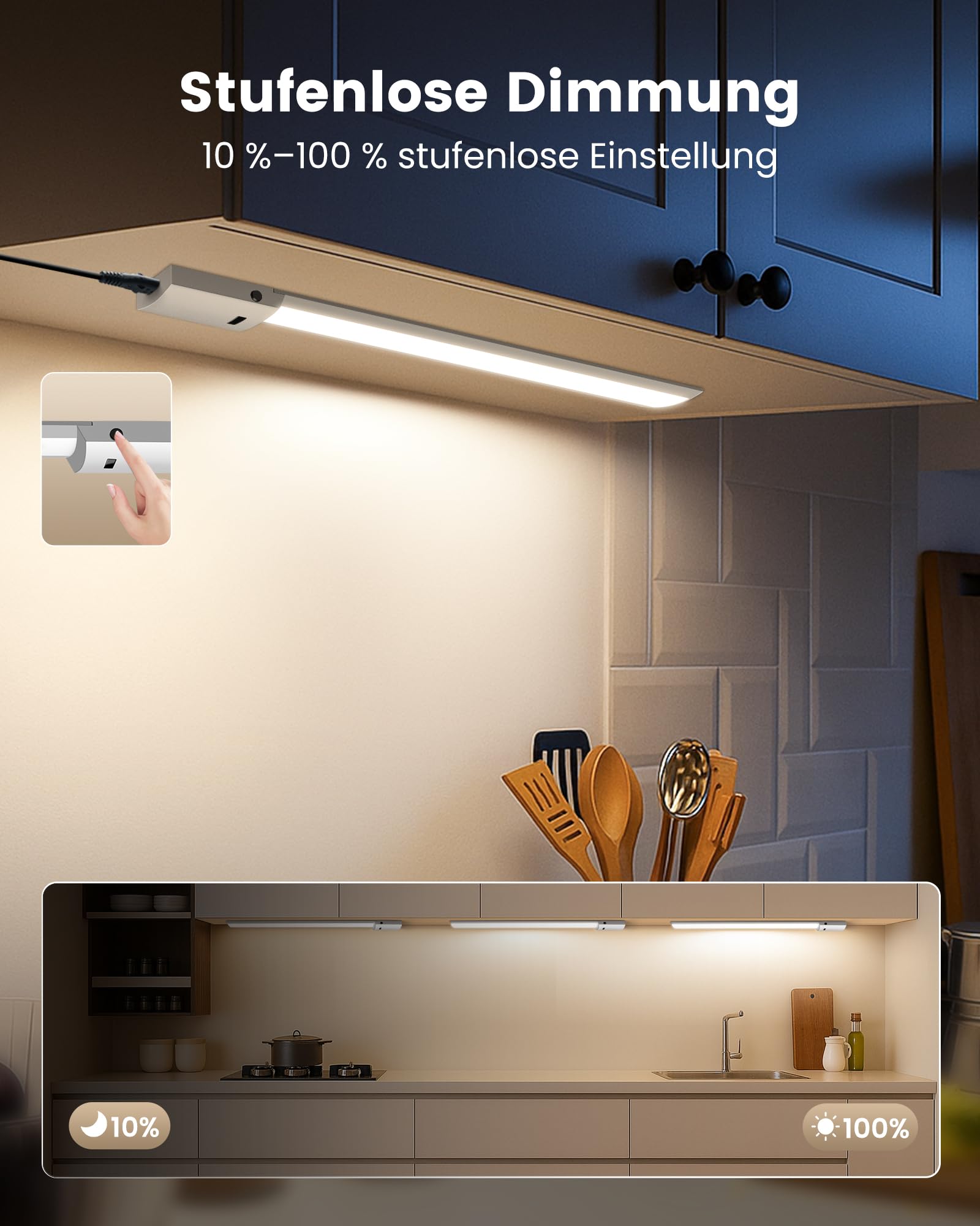 ALUSSO 60cm Unterbauleuchte küche LED Dimmbar, 3 Farbtemperatur Lichtleiste mit Berührungsloser Sensor, Ultra Dünn Unterschrank Beleuchtung für Schrank, Regale, Werkbank, 780Lumen, 1 Stück