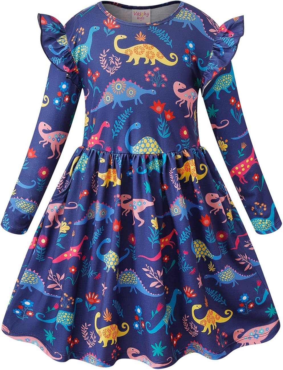 VASCHY Girls Dress, Soft Twirly Stretchy Casual Ruffle Daily Dress for Toddler/Little/Big Kid Girls Clothing 2-10T Clothes