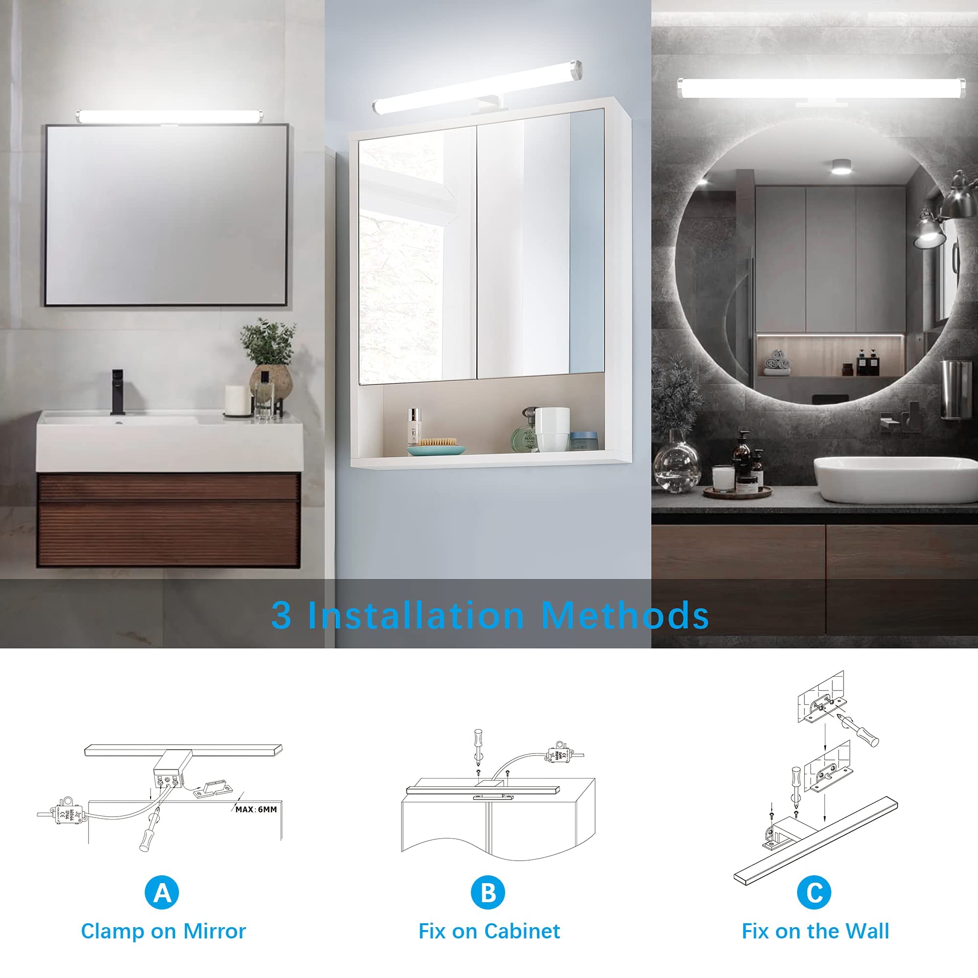 Azhien LED Lampada da Specchio Luce Bagno 10W 1200LM 40cm Bianco Neutro 4000K, Montaggio 3 in 1 IP44 230V Applique da Parete Lampada, No Sfarfallio Lampada da Bagno Illuminazione a Parete 400mm