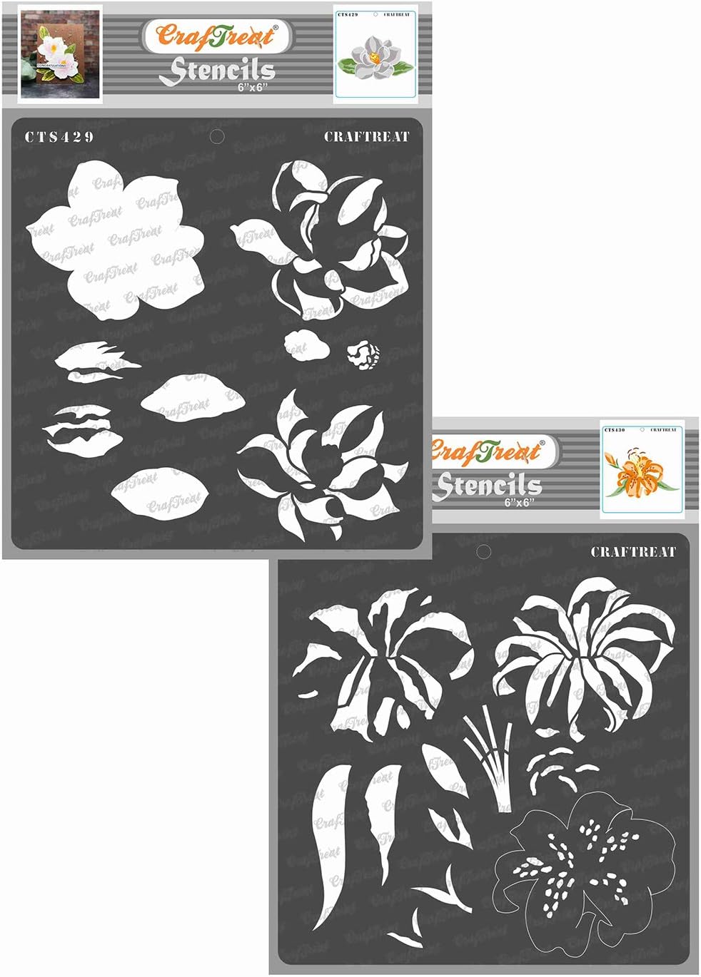 CrafTreat Reusable Flower Stencils for Painting on Wood, Magnolia and Tiger Lily (2 Pcs) -6x6 Inch Each