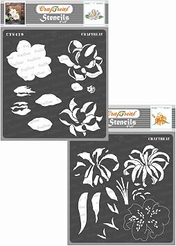 CrafTreat Reusable Layered Magnolia Flower Stencils for Painting on Wood, Canvas, Paper, Fabric, Floor, Wall and Tile - Magnolia and Tiger Lily - 2 Pcs - 6x6 Inches Each - DIY Art and Craft Stencils