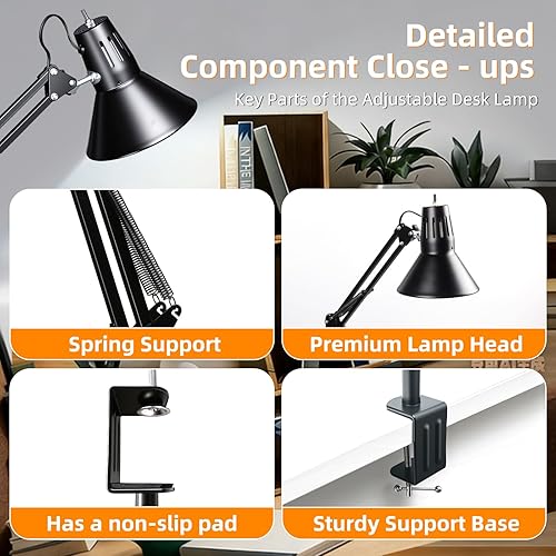 Miniatura 9 de Lámpara de escritorio LED con abrazadera para oficina y hogar, luz de escritorio con brazo oscilante de metal extra alto ajustable de 360,
