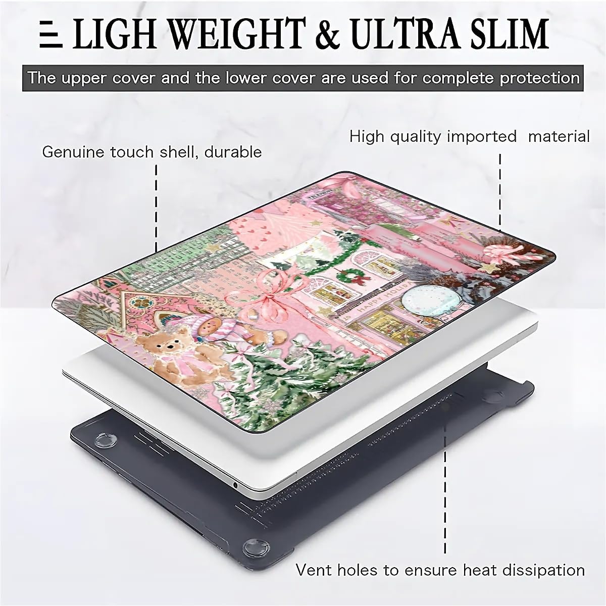 for MacBook Air 13 Inch Release 2022/2025 Model A2681/A3240 M2/M4 Chip Black Computer Case,Novelty Premium Pattern Hardshell Laptop Case Pink Coquette Christmas Holiday Collage