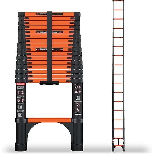 SINMEIRUN 16.5 FT Telescoping Ladder with 11.8" Step Spacing, ANSI Certified, Type IA Heavy Duty, 330lbs Max Capacity, Aluminum Extension Ladder for Home, Roof, RV; Orange