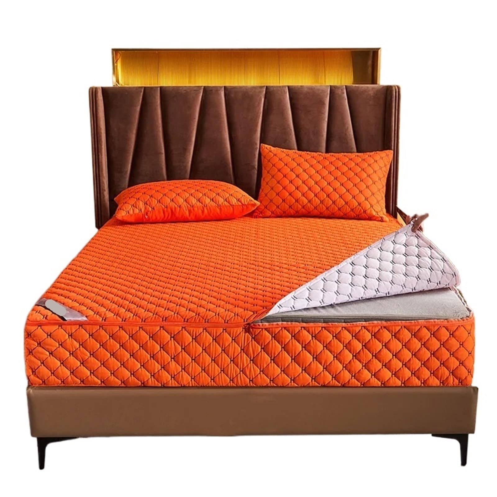 Zipped Mattress Protector Thicken Quilted Mattress Cover With Zipper Bedspread Soft King Queen Tatami Bed Fitted Shee(Color2,Pillowcases48x74cmx2)
