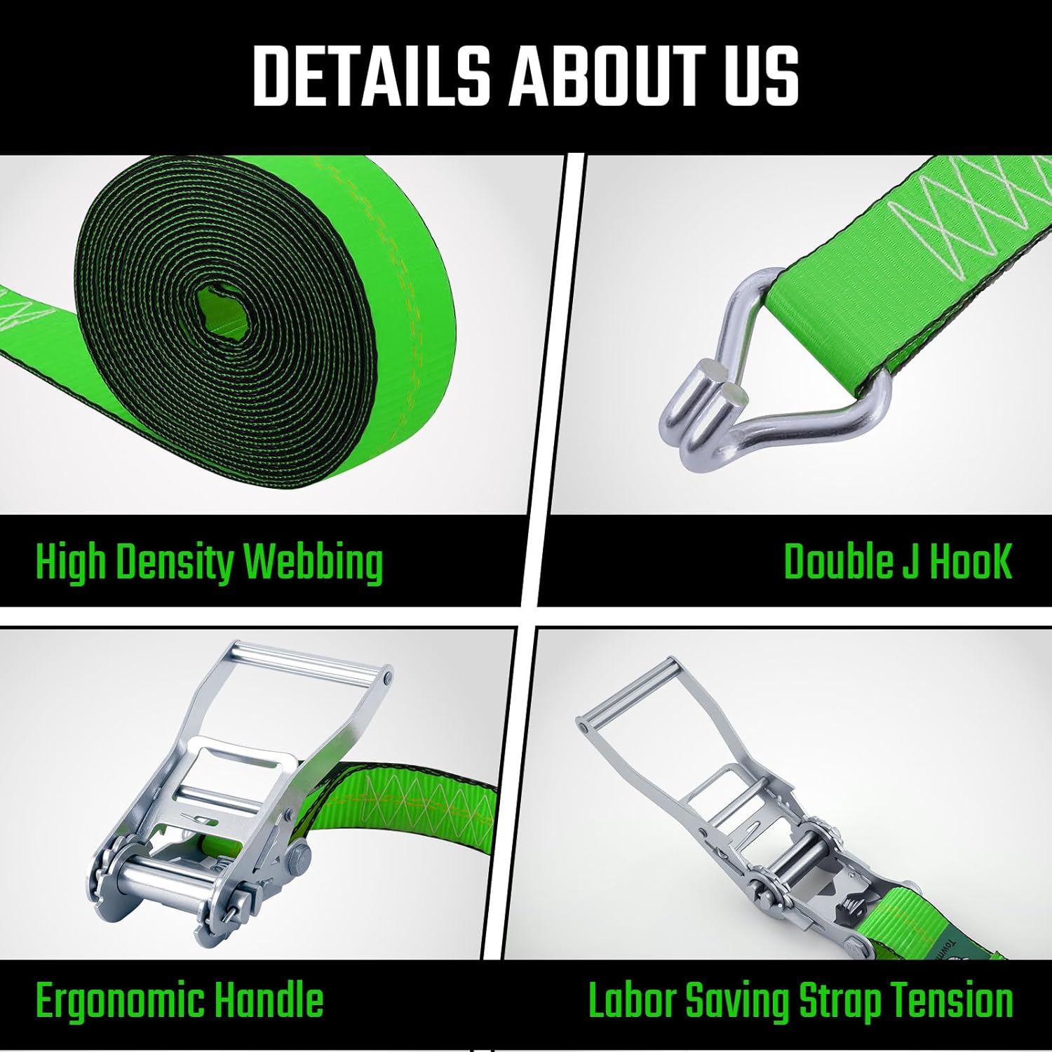 2"x20' Ratchet Straps with J Hooks - 10,000lb Break Strength/ 3,333lb Load Capacity Ratchet Tie Down Strap - Ratchet Straps Heavy Duty - Cargo Straps for Truck, Lawn Equipment, Car Roof, 4 Pack(Green)