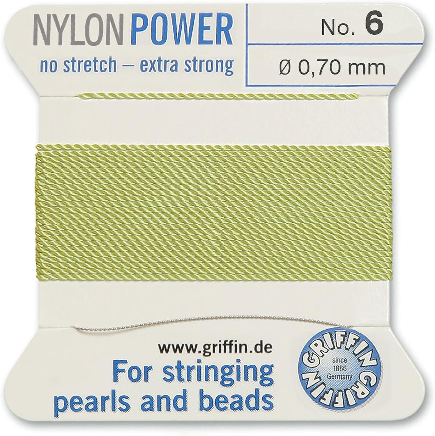 Griffin Bead Cord Nylon Jade #6 - Griffin NylonPower with Stainless Steel Needle Attached – for Knotting Pearls, Gemstones, Crystals and Beads