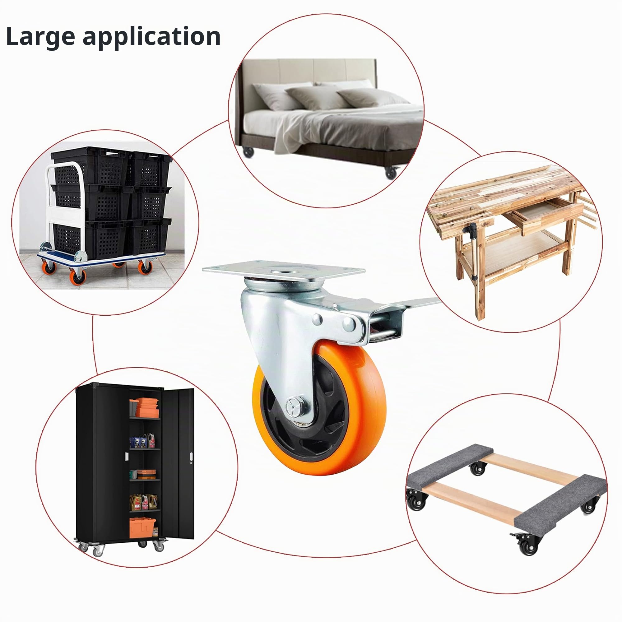 Lot de 4 roulettes pivotantes pour meubles, 100 mm, avec frein, 600 kg, pour charges lourdes, pour meubles, établi, chariot à outils, palettes, orange