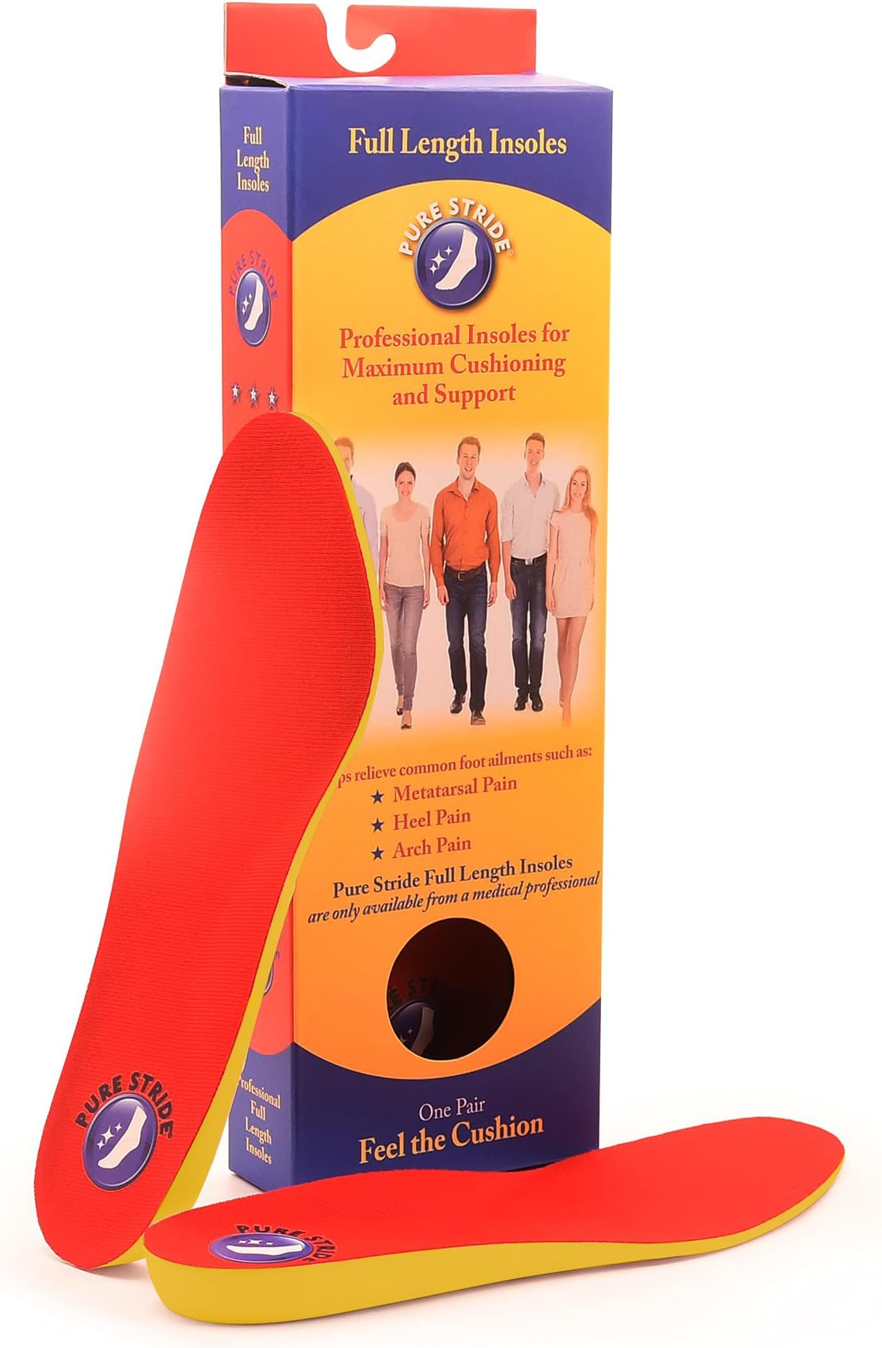 Pure Stride Professional Full Length Insoles, Comfort Insoles - Shoe Insert, Support for Metatarsals, Flat Feet - Pain Relief for Plantar Fasciitis, Arch, Heel - 1 Pair, Men's 6-6.5 / Women's 8-8.5