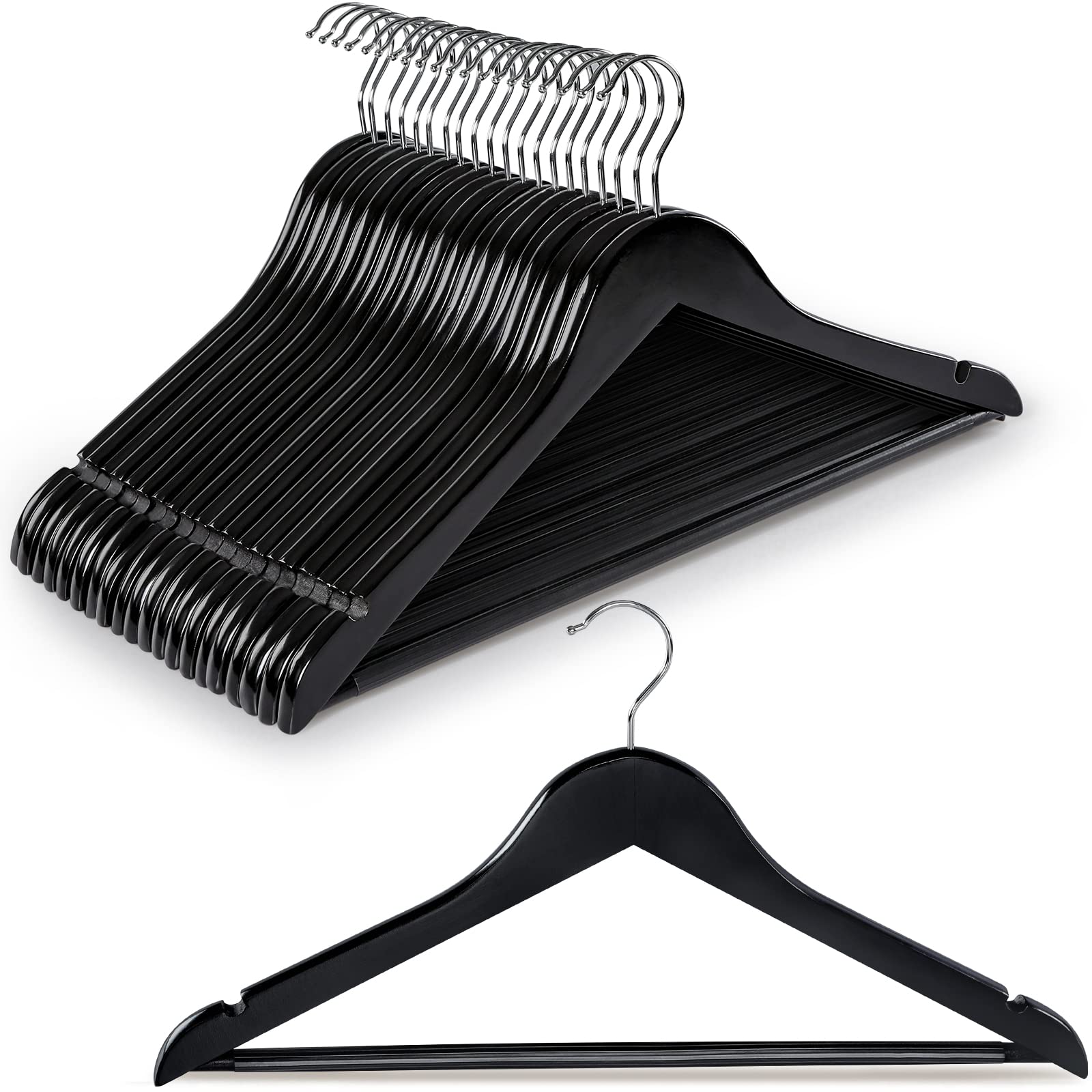 TOPIA HANGER Wooden Hangers 20 Pack, Black Wood Coat Hangers for Closet with Non-Slip Pants Bar, 360Β° Swivel Hook and Shoulder Notches for Camisole, Suit, Jacket, Pants-CT34B20