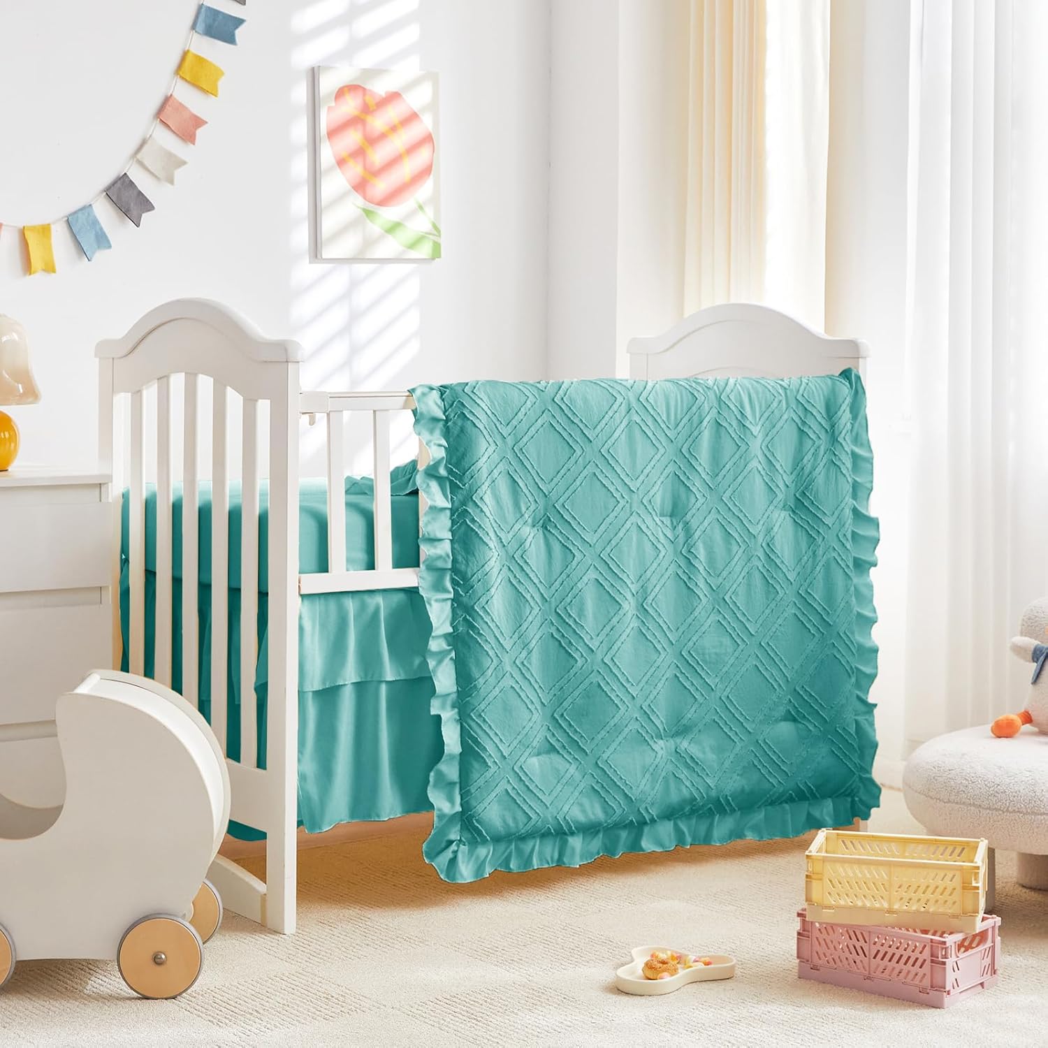 Tufted Ruffle Crib Bedding Set 3 Pieces Baby Girls Boys Boho Quilted Comforter with