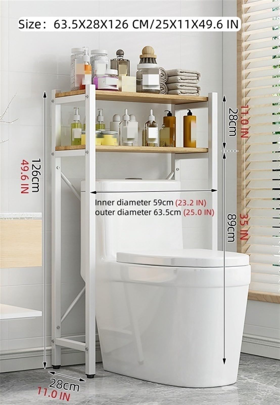 Scaffale autoportante per WC, mensole da bagno a 3 livelli, gambe regolabili, ripiano sopra il WC, multiuso, design salvaspazio (bianco, 63,5 x 28 x 126 cm)
