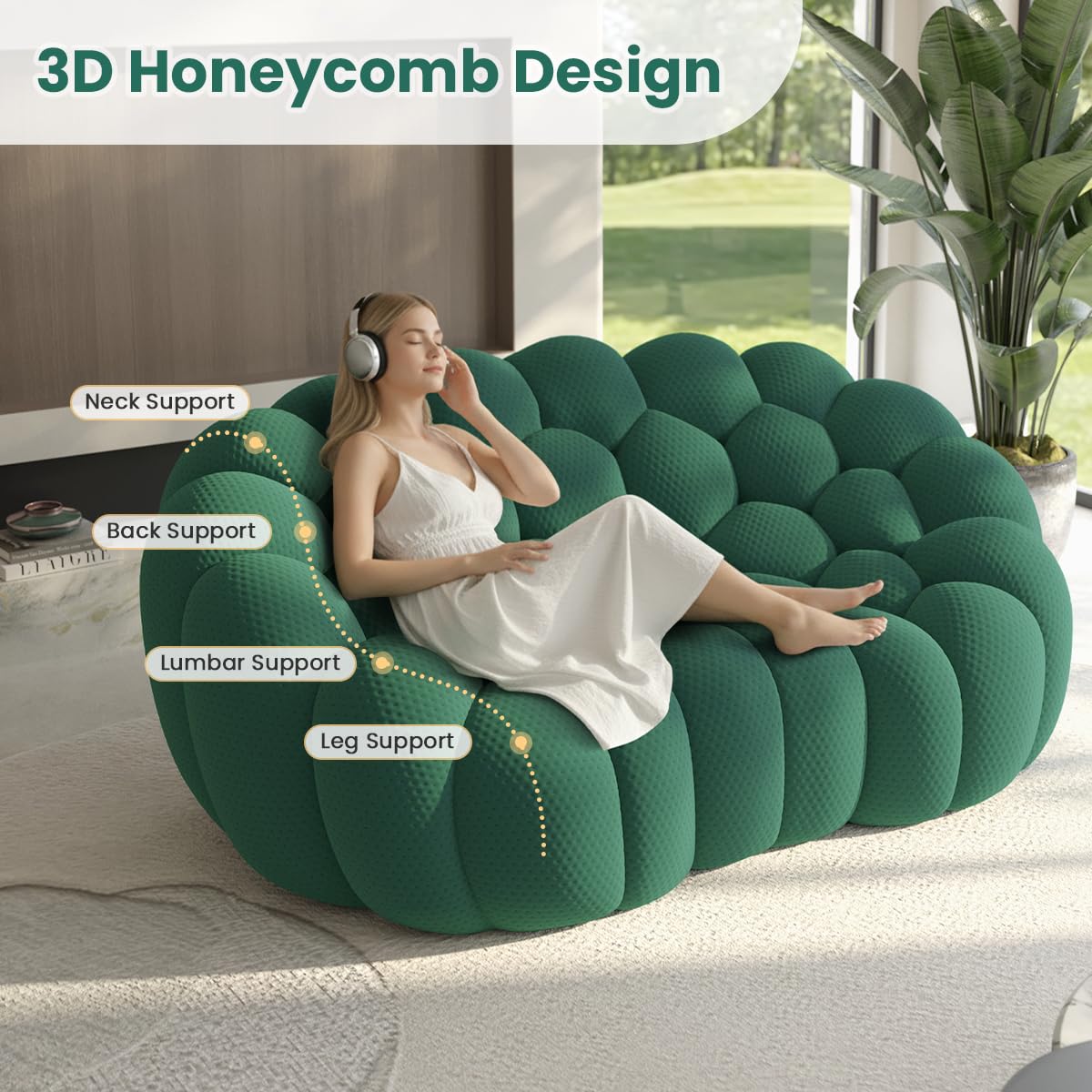 Sdorens Bubble Couch with Ottoman, Modern 3-Seater Round Floor Couch, 3D Honeycomb Shape Bubble Sofa Curved Sofas for Living Room, Circle Boneless Couches, No-Assembly (Green, 98.43+41")