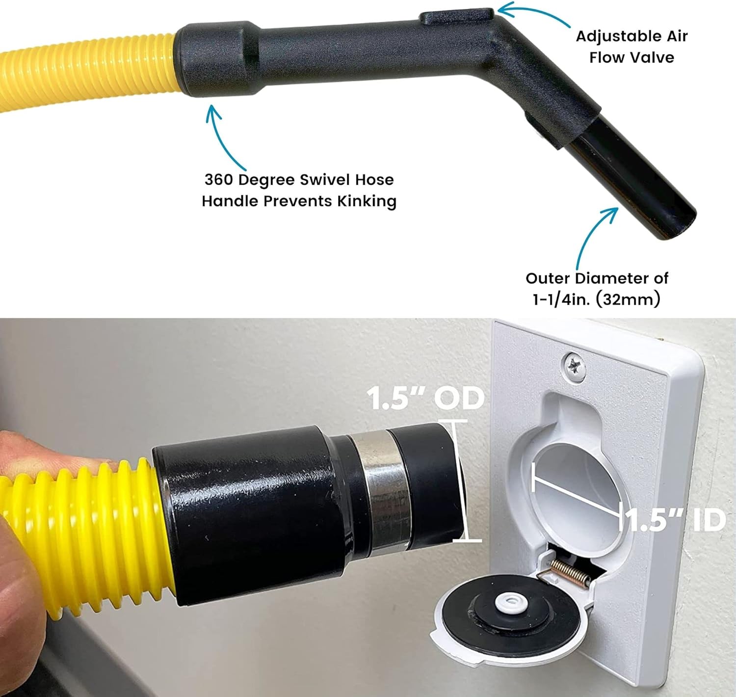 Wessel-Werk 35-feet Garage Central Vacuum Hose, Crushproof Central Vacuum Garage Hose with Swiveling Hose Handle, Cuff Fits 1.5-inch Inlet Valves (Plastic Handle, 35 Ft. Long)