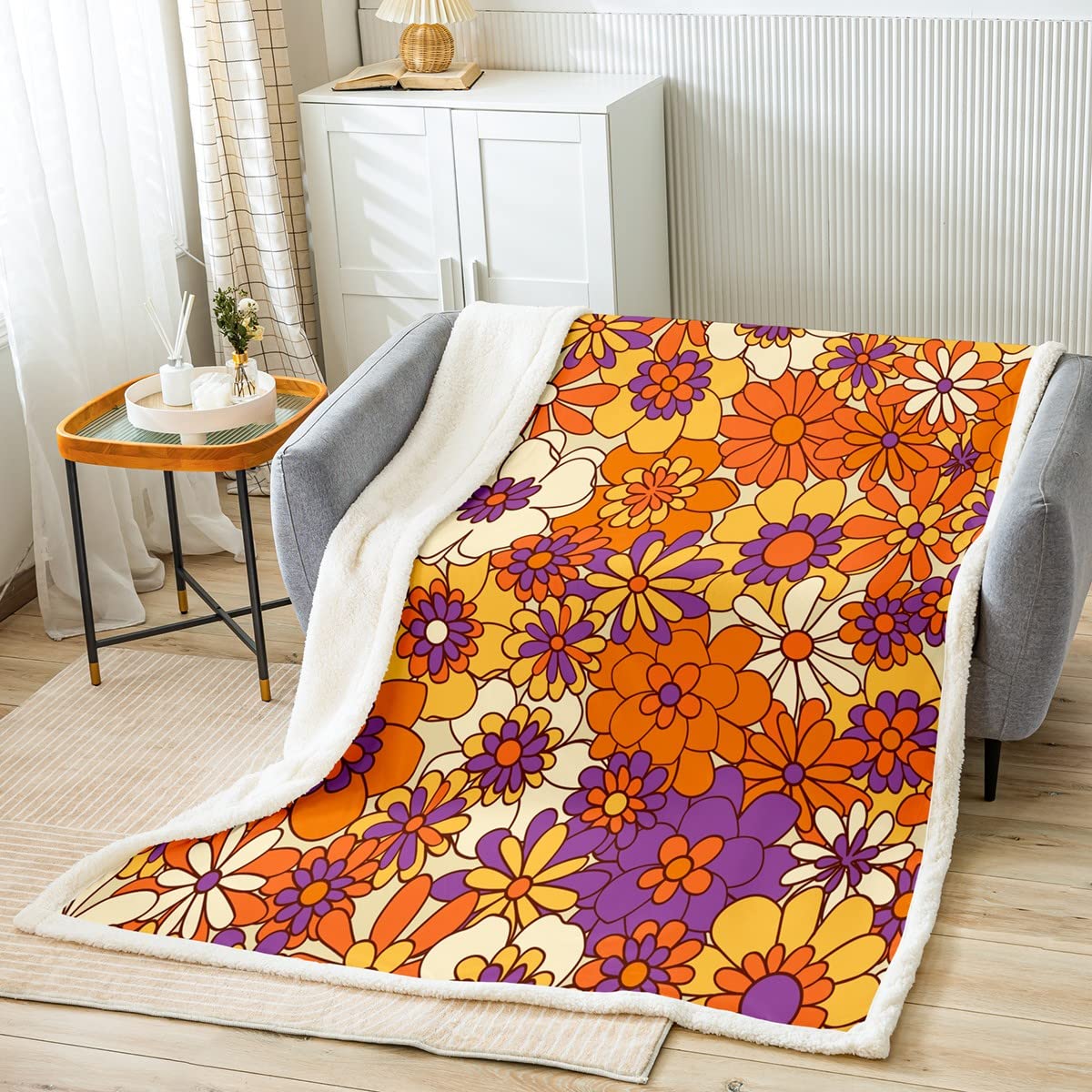 Homewish Girls Multi 03 Boho Floral Plush Bed Blanket Hippie Flower Power Sherpa Blanket Baby 30"X40" Groovy Botanical Throw Blanket For Adults Women Retro 60S 70S Fuzzy Blanket For Bed Sofa Couch Colorful