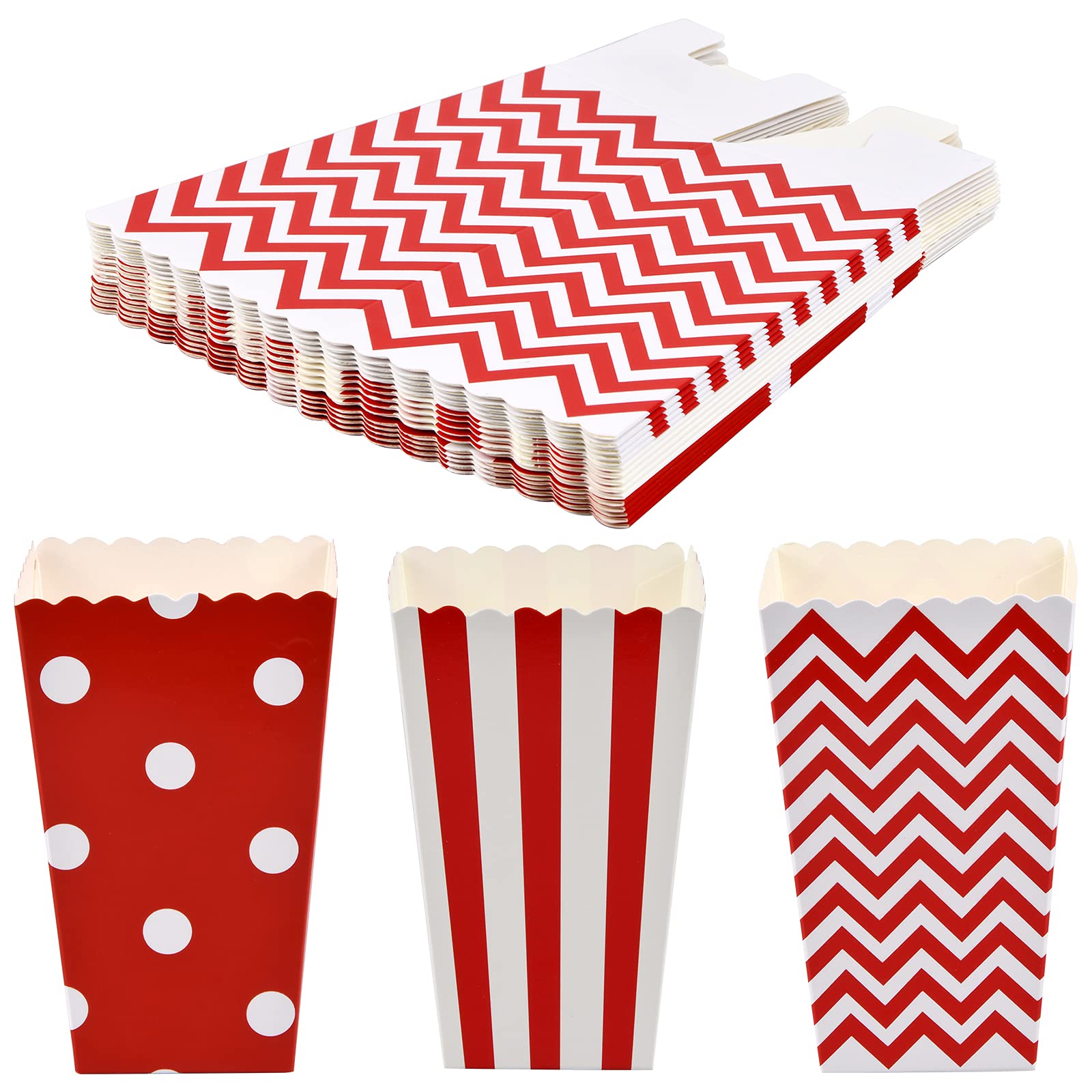 Nivofu, 15 Pièces Boîtes à PopCorn en Papier, Trois Modèles Pot PopCorn Rouges et Blancs,7X5X11.5cm Sachet PopCorn, Contenant PopCorn pour Parti,Soirées Cinéma(Rayures|Pois|Fils)