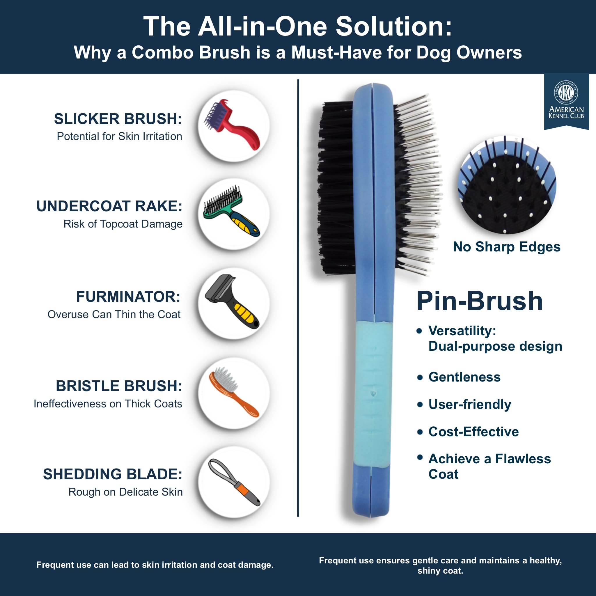 American Kennel Club AKC Pet Grooming Brush for Dogs and Cats - 2-in-1 Deshedding and Detangling Brush with Dense Nylon Bristles, Removes Loose Hair for Short and Long Coat Dogs and All Breeds - image 4