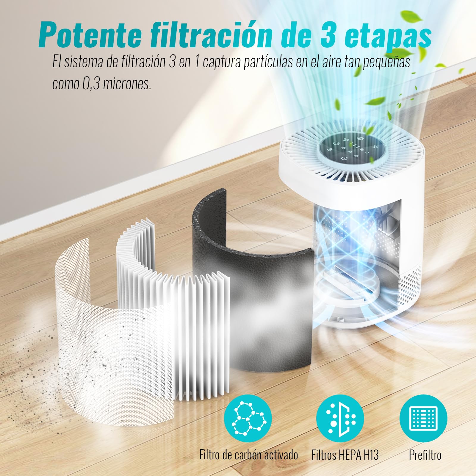 Purificador de Aire con Filtro HEPA H13, Puede Filtrar el 99,97% de Polvo y Humo, Área de Cobertura de Hasta 110 m², Modo de Suspensión de 20 dB, Tres Velocidades de Viento Adecuadas para Hogares