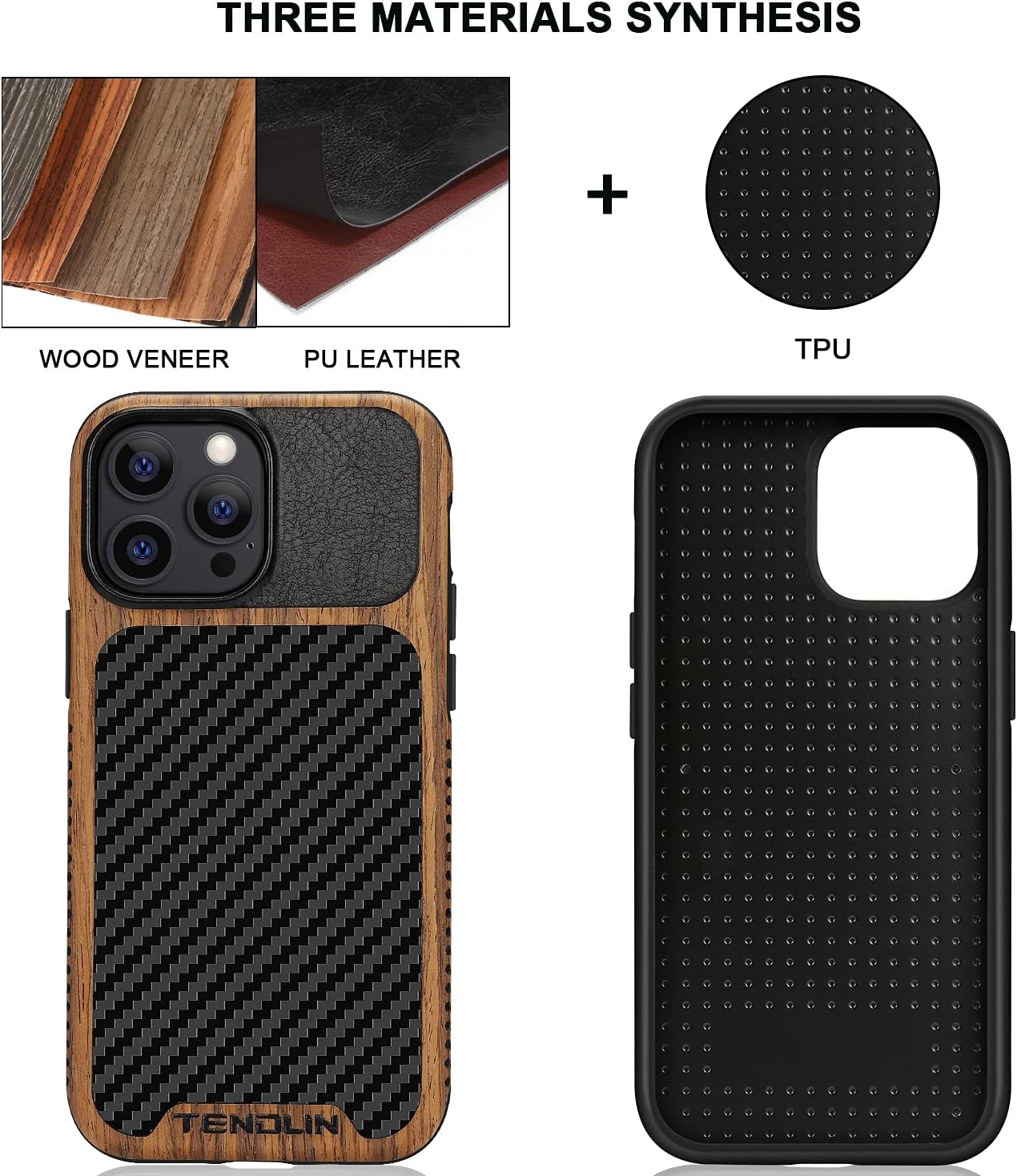 TENDLIN Compatible with iPhone 13 Pro Max Case Wood Grain with Carbon Fiber Texture Design Leather Hybrid Case Compatible for iPhone 13 Pro Max 6.7-inch Released in 2021 Black
