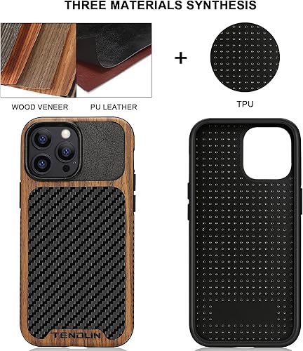 Miniatura 2 de TENDLIN Compatible con iPhone 13 Pro Max, funda de grano de madera con textura de fibra de carbono, funda híbrida de cuero compatible con iPhone 13