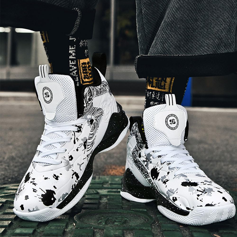 Hixingo Zapatos de Baloncesto Hombre Mujeres, Graffiti Zapatillas de Baloncesto Niño Zapatillas de Deporte de Caña Alta Unisex Zapatillas Sneakers Antideslizantes Zapatos Casuales Cómodos 35-45 EU