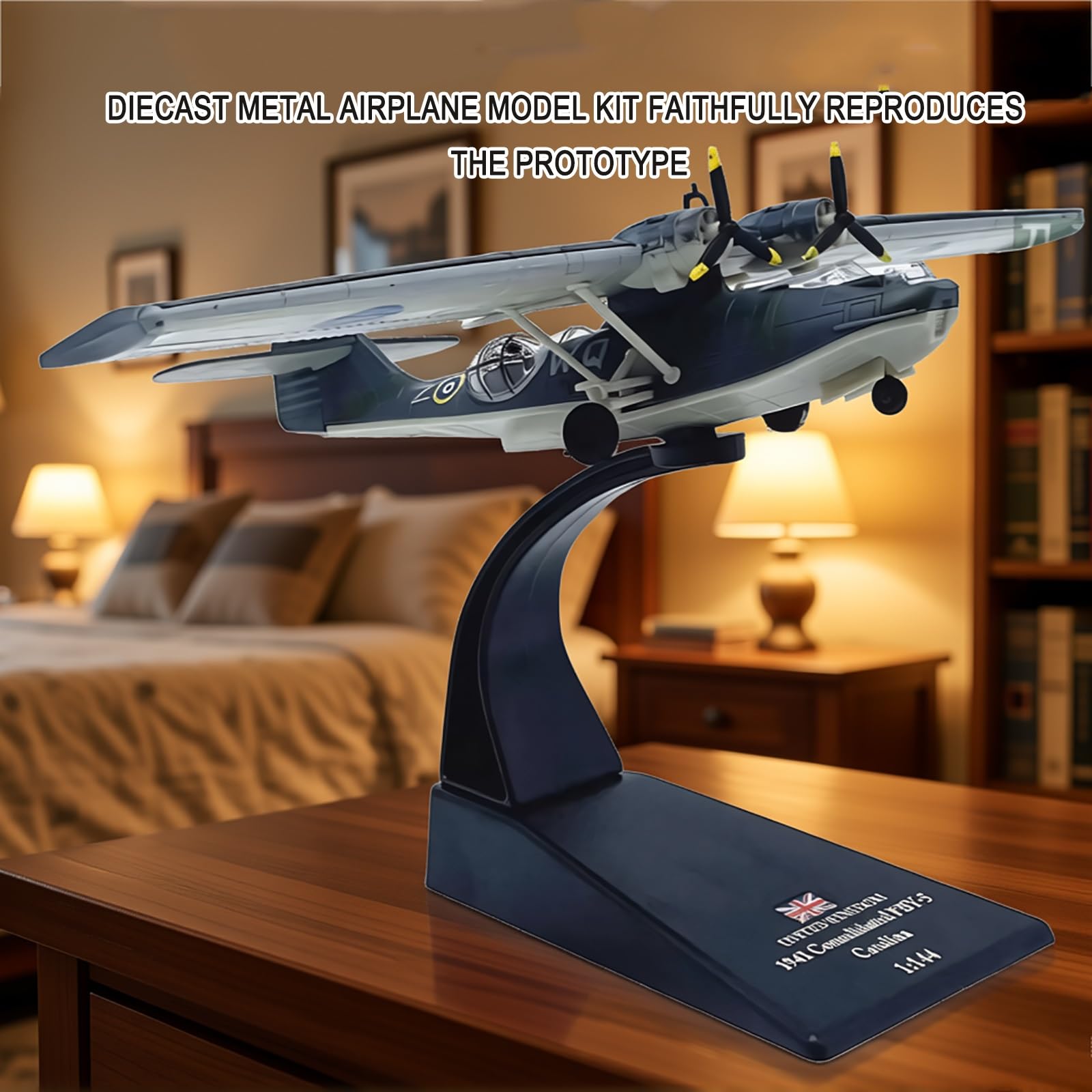 Modello aereo militare pressofuso metallo pressofuso PBY-5 in scala 1:144, collezione, con eliche rotanti, espositore, replica autentica for appassionati aviazione