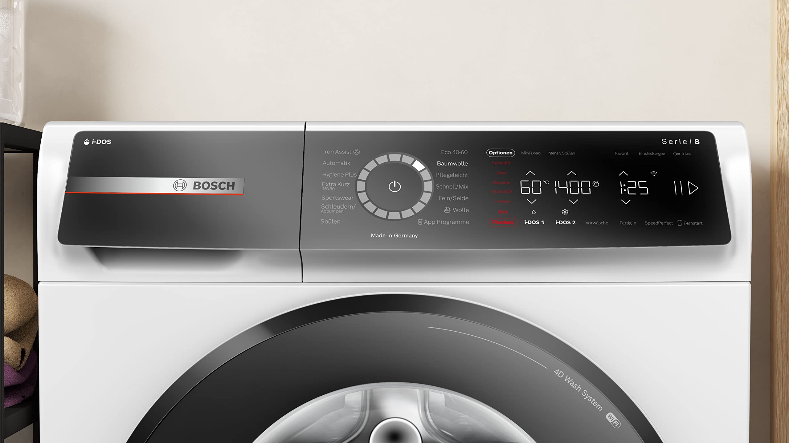 Bosch WGB244A40 Serie 8 pralka ładowana od przodu 9 kg, 1400 obr./min, Made in Germany, Speed Perfect, i-DOS ze skanowaniem środków piorących, Iron Assist – redukuje zagniecenia, Mini Load, Home