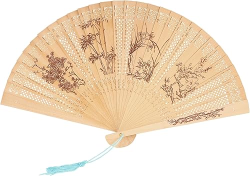 Miniatura 8 de FoDau770 Abanicos plegables de madera, ventiladores de mano de madera clásica, abanicos de mano de madera con patrón de panda con borla para