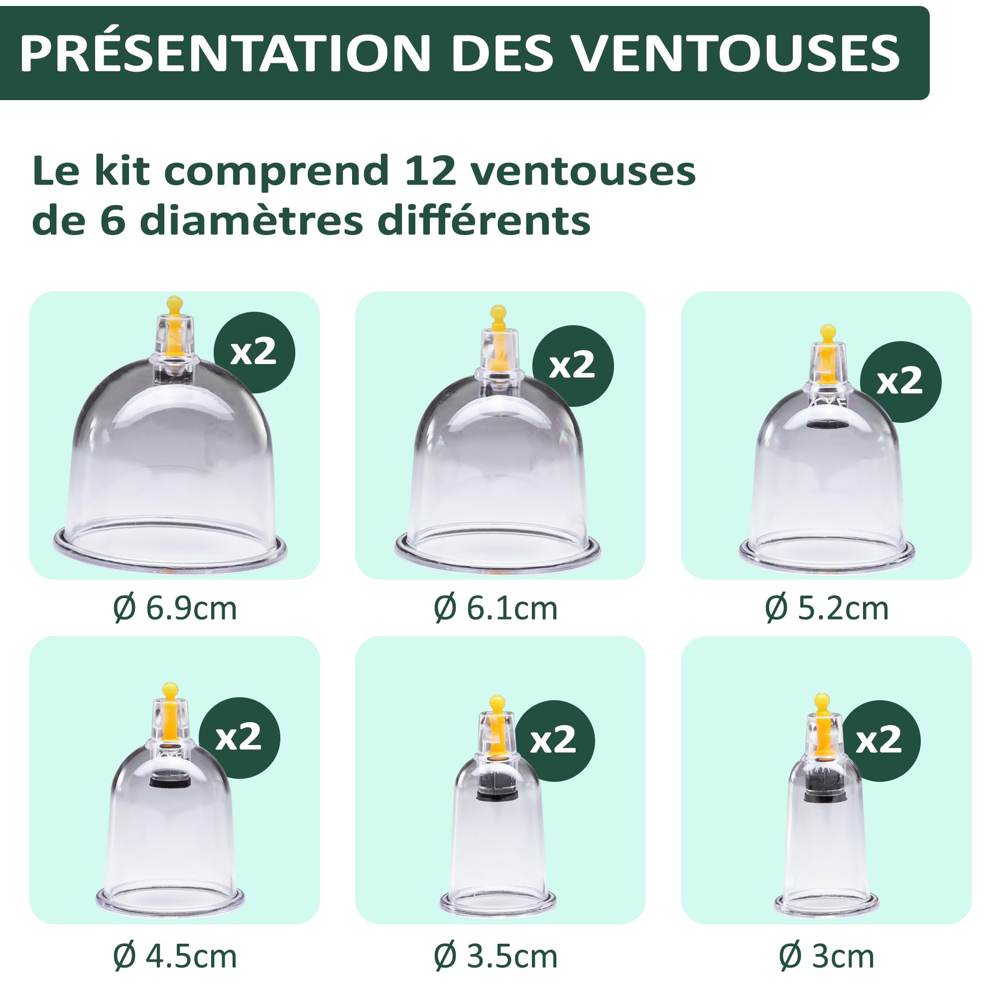 Uplife Kit de 12 Ventouses Thérapeutiques -Instructions en Français- Ventouse Massage Kiné Anti Cellulite Soulage Douleurs Fatigue - Ventouses Chinoises de Cupping Pistolet Massage Hijama Acupuncture