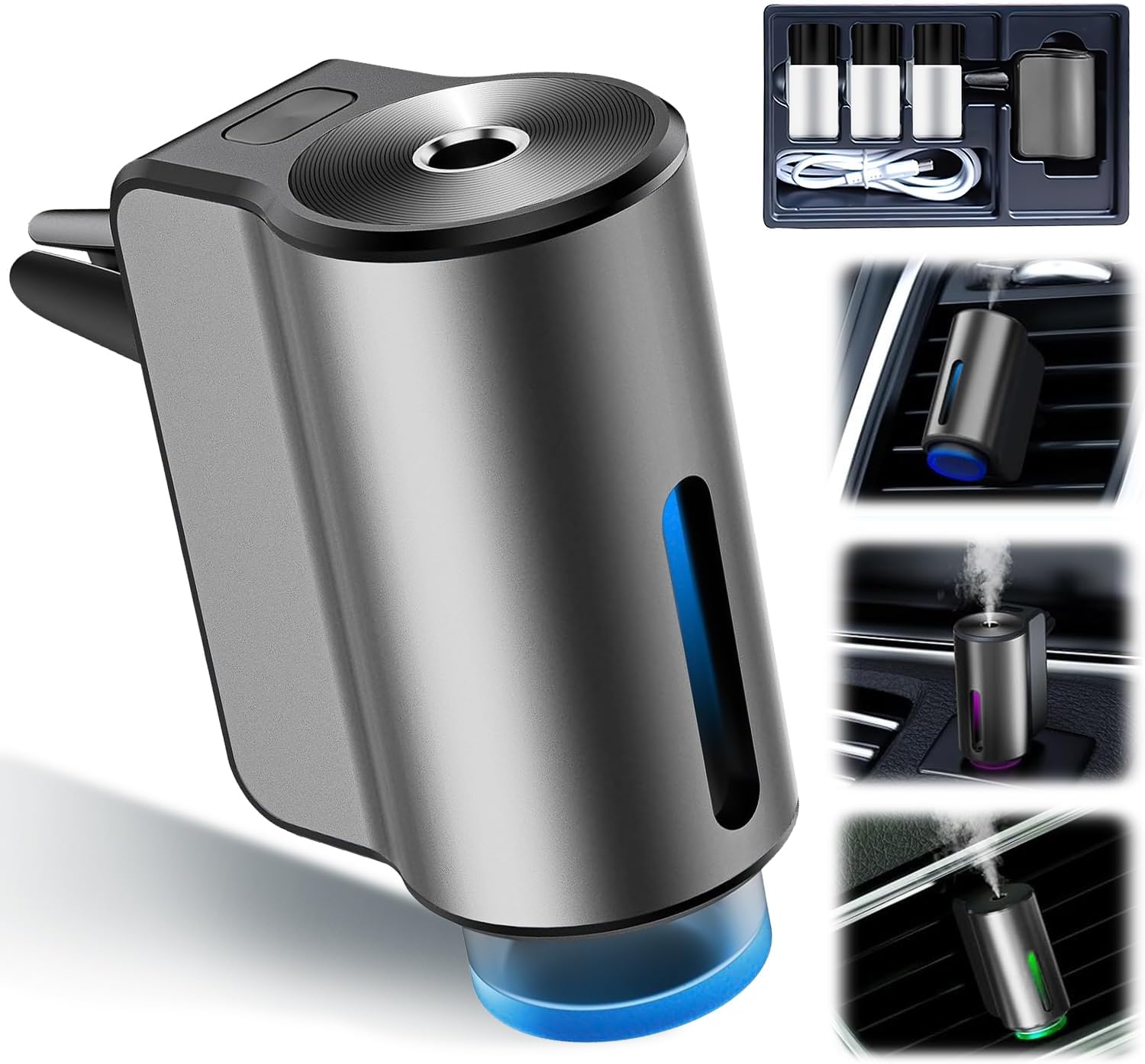 Smart Car Air Freshener Diffuser,New With Three Adjustable Modes,Aromatizante Para Carro Inteligente Intelligent Aroma,Auto On/Off Diffuser (Gray,3 Natural Oils)