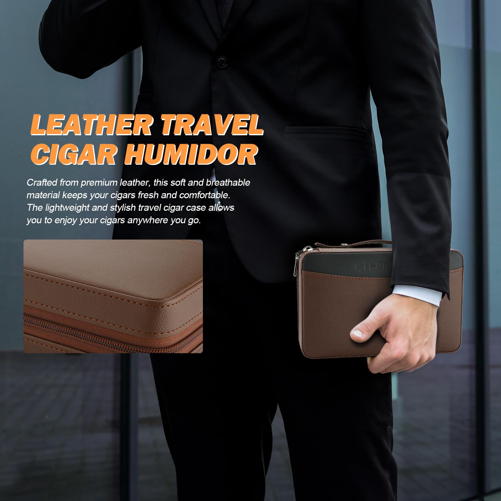 LIHTUN Zigarren-Humidor, Leder-Reise-Zedernhumidor mit 5-in-1-Multifunktions-Zigarrenfeuerzeug-Set, tragbarer Reise-Humidor und Feuchtigkeitsmesser
