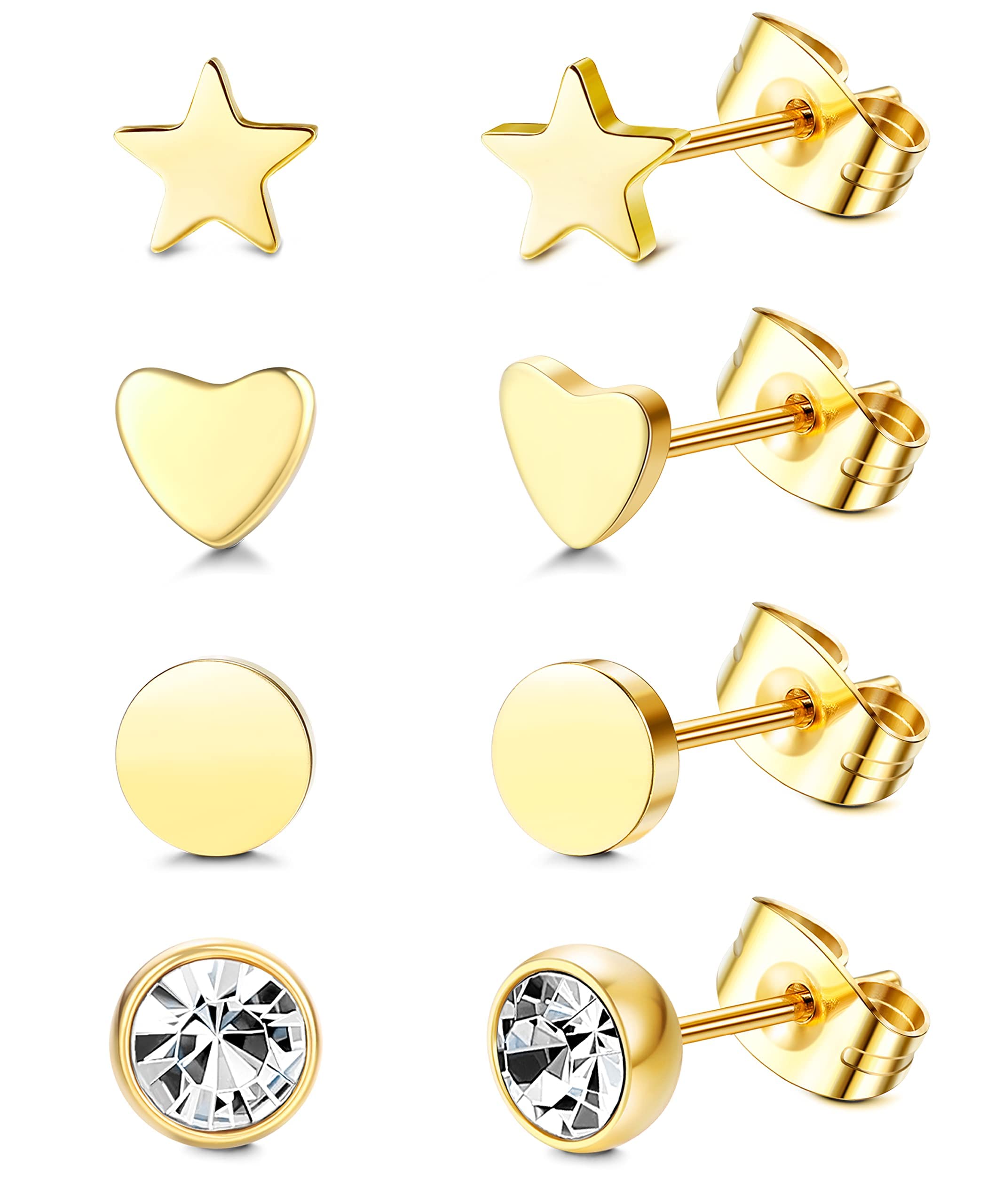 MorfettoPendientes de tuerca de titanio G23, pendientes de tuerca de acero quirúrgico, pendientes de tuerca de circonita cúbica con corazón de punto de estrella para niñas y mujeres