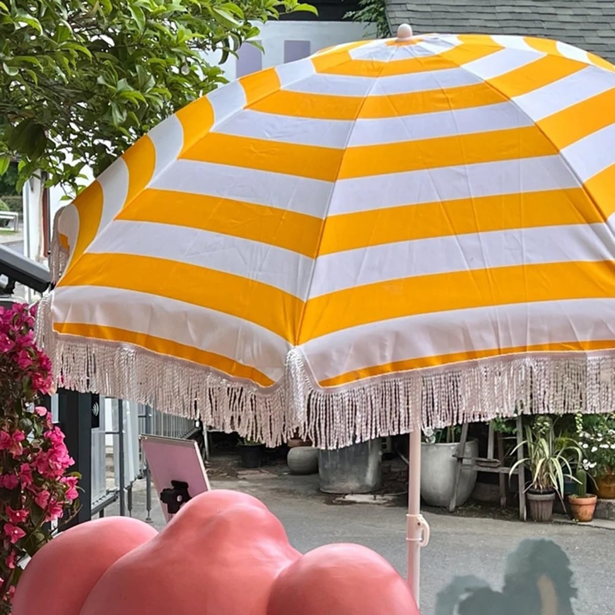 Zewnętrzny parasol tarasowy z frędzlami – wodoodporny z ochroną przeciwsłoneczną UPF50+, idealny do ogrodu, trawnika i basenu