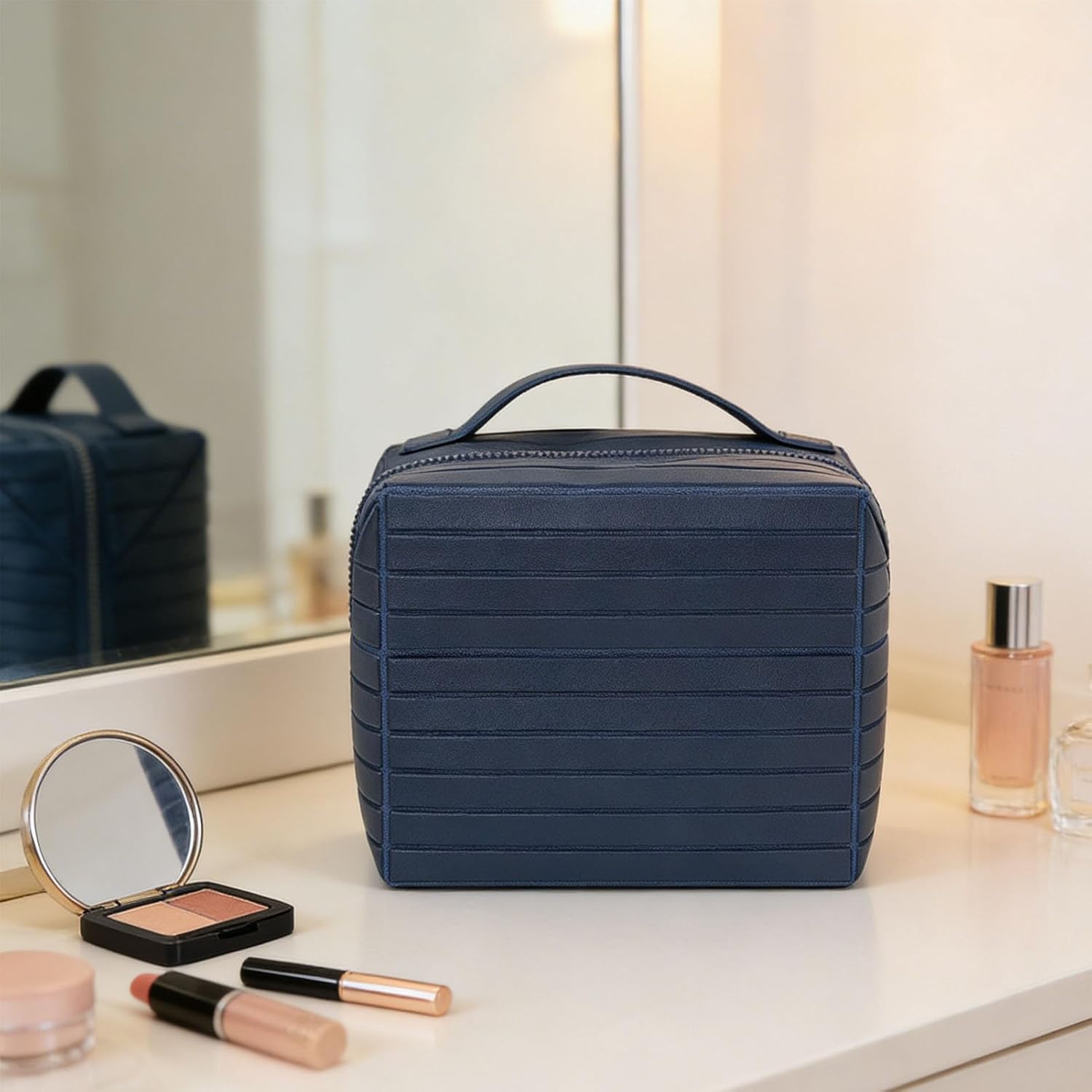 Foldable Makeup Bag, Water Proof Makeup Organizer, Large Capacity Travel Size Toiletries with Zip Closure Instantly Lays Flat Cosmetic Case for Women Toiletries Organizer (Navy Blue)