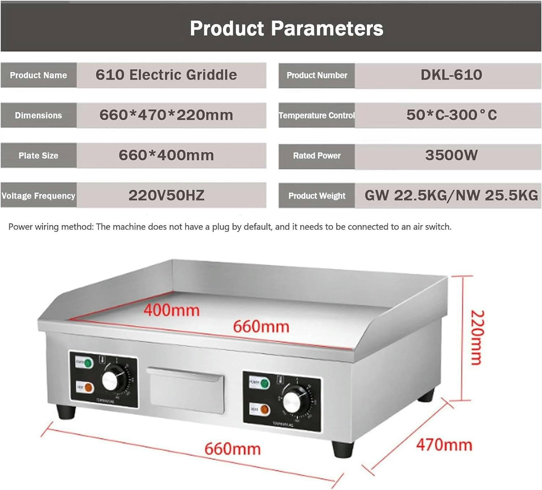 Piastra Elettrica in Acciaio Inox Antipasto Professionale Piastra di Cottura Elettrica Anti-Schizzo, Griglia Plancha Elettrica con Superficie 66x40cm/73x40cm da 50℃ a 300℃ per Casa Lesterno-1pc