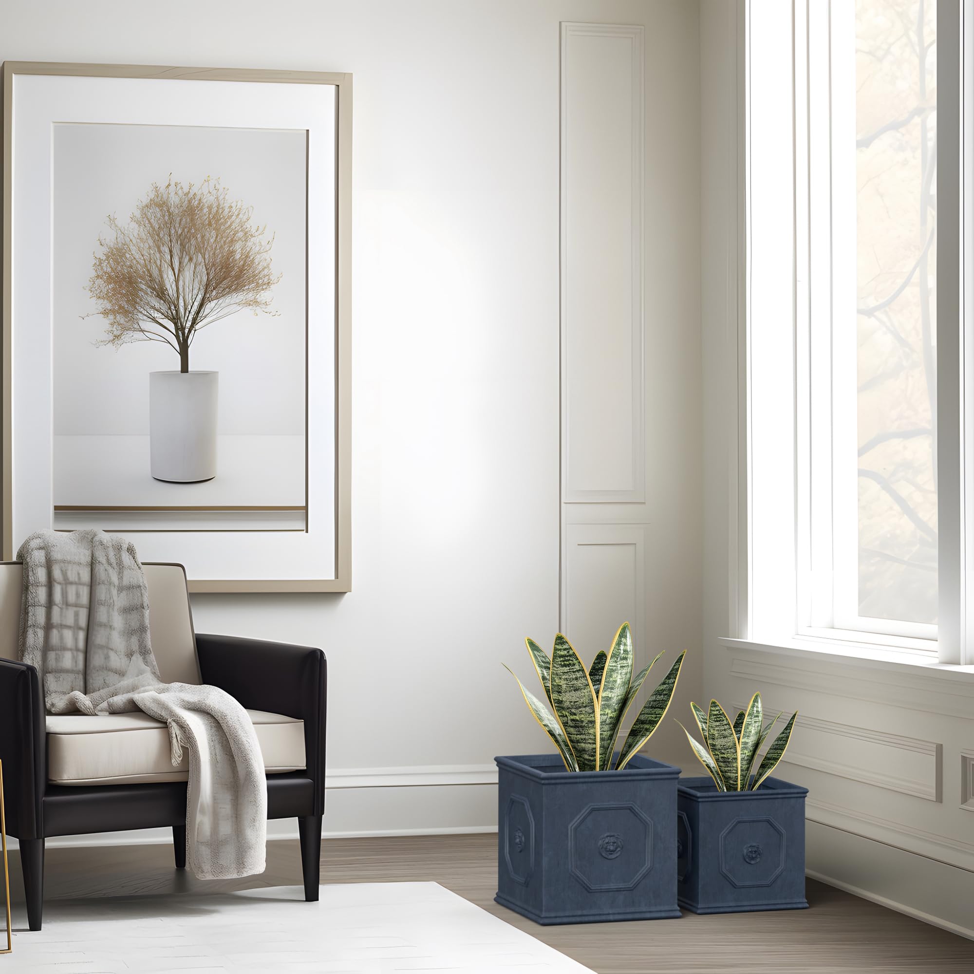 Kante Quadratischer Pflanzkübel aus Beton mit Löwenkopf, 2er-Set, 25,4 und 32,8 cm, großer Blumentopf mit Drianage, moderner englischer Stil, Dekoration für Zuhause, Terrasse, Garten, Antikgrau