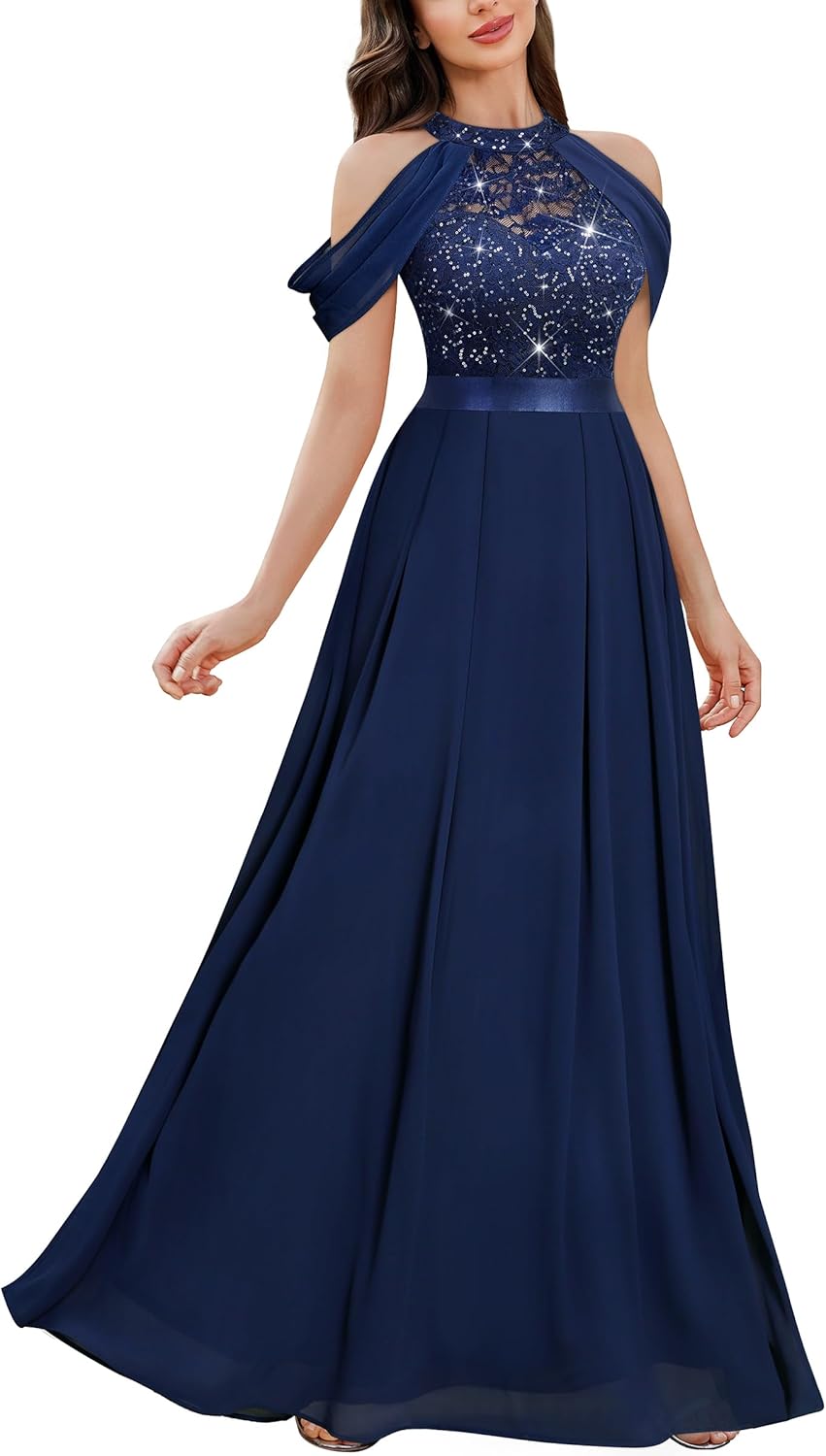 Miusol Women's Classic Lace Sleeveless Sequin Contrast Chiffon Bridesmaid Maxi Dress