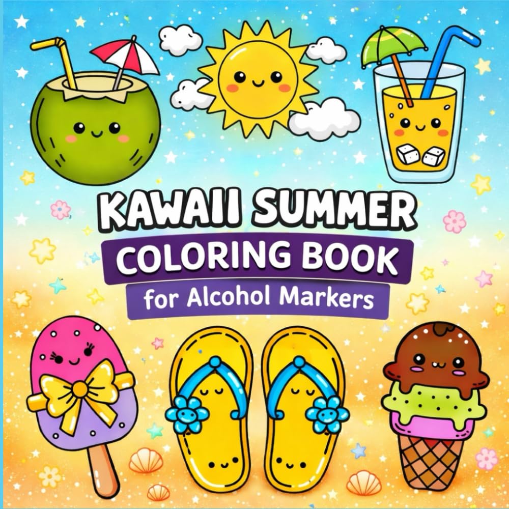 Kawaii Summer Coloring Book for Alcohol Markers: Bold & Easy Coloring Book for Adults and Teens Fun Cute Summer Designs