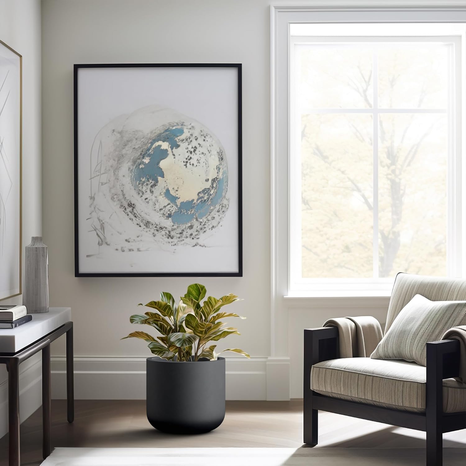 Kante 13.8-Inch Dia Round Concrete Planter, Indoor & Outdoor Garden Pot with Drainage Hole & Rubber Plug, Ideal for Flower and Tree, Black