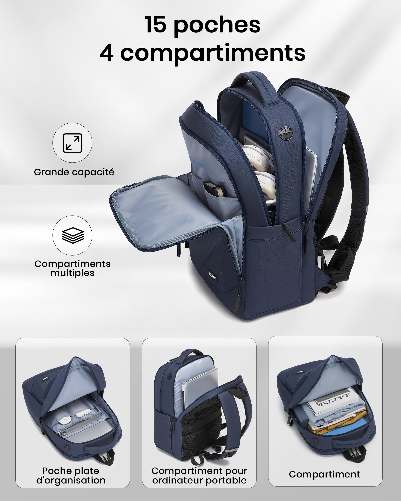 Kono Sac à Dos Ordinateur 15,6 Pouces PC Portable Homme Femme, Bleu Marine