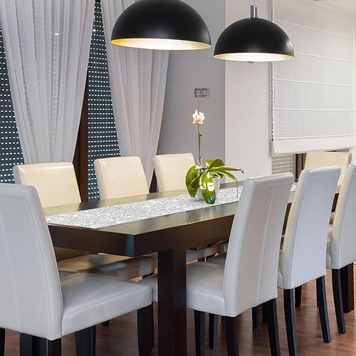 Miniatura 4 de Paquete de 6 caminos de mesa de lentejuelas plateadas, 12 x 108 pulgadas, camino de mesa plateado con purpurina para cumpleaños, bodas, banquetes,