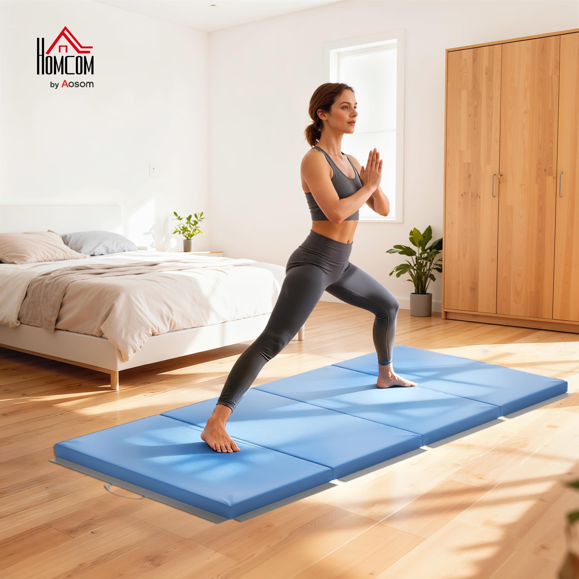 HOMCOM Tapis de gymnastique pliable, tapis gymnastique épais, avec poignée, tapis de sol pour yoga, mma, sport, fitness, pilates, revêtement synthétique, bleu clair