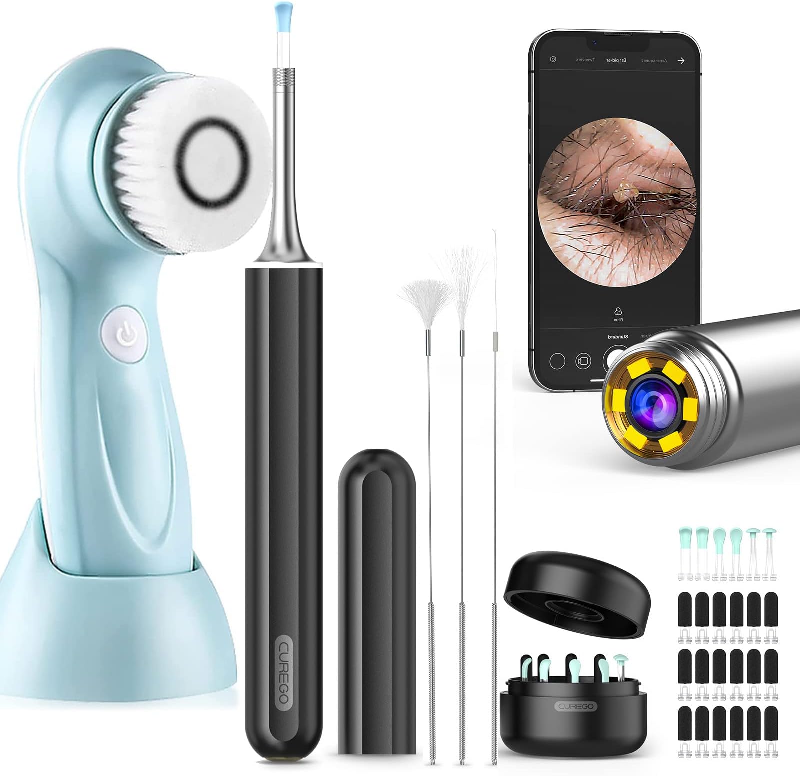 Ear Wax Removal Kit, Ear Cleaner with 1080p HD Camera and 6 Cool White LED Lights Wireless 1080p HD Ear Otoscope with Facial Cleansing Brush for iOS & Android(Black)