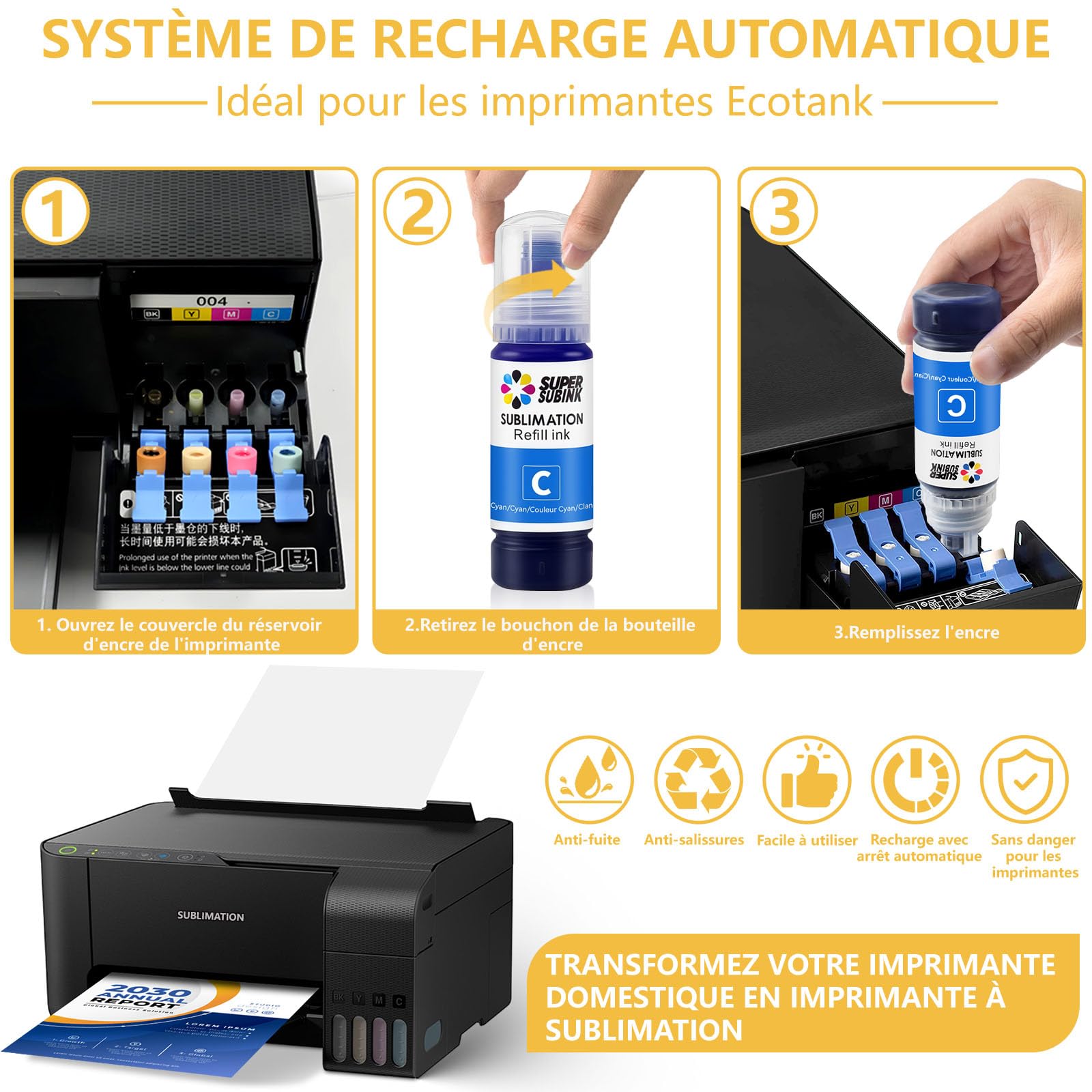 Encre de Sublimation pour Epson 2810 ET-2850 2830 2815 4810 Compatible EPSON ECOTANK imprimante (Remplissage Automatique/sans ICC/Anti-UV)