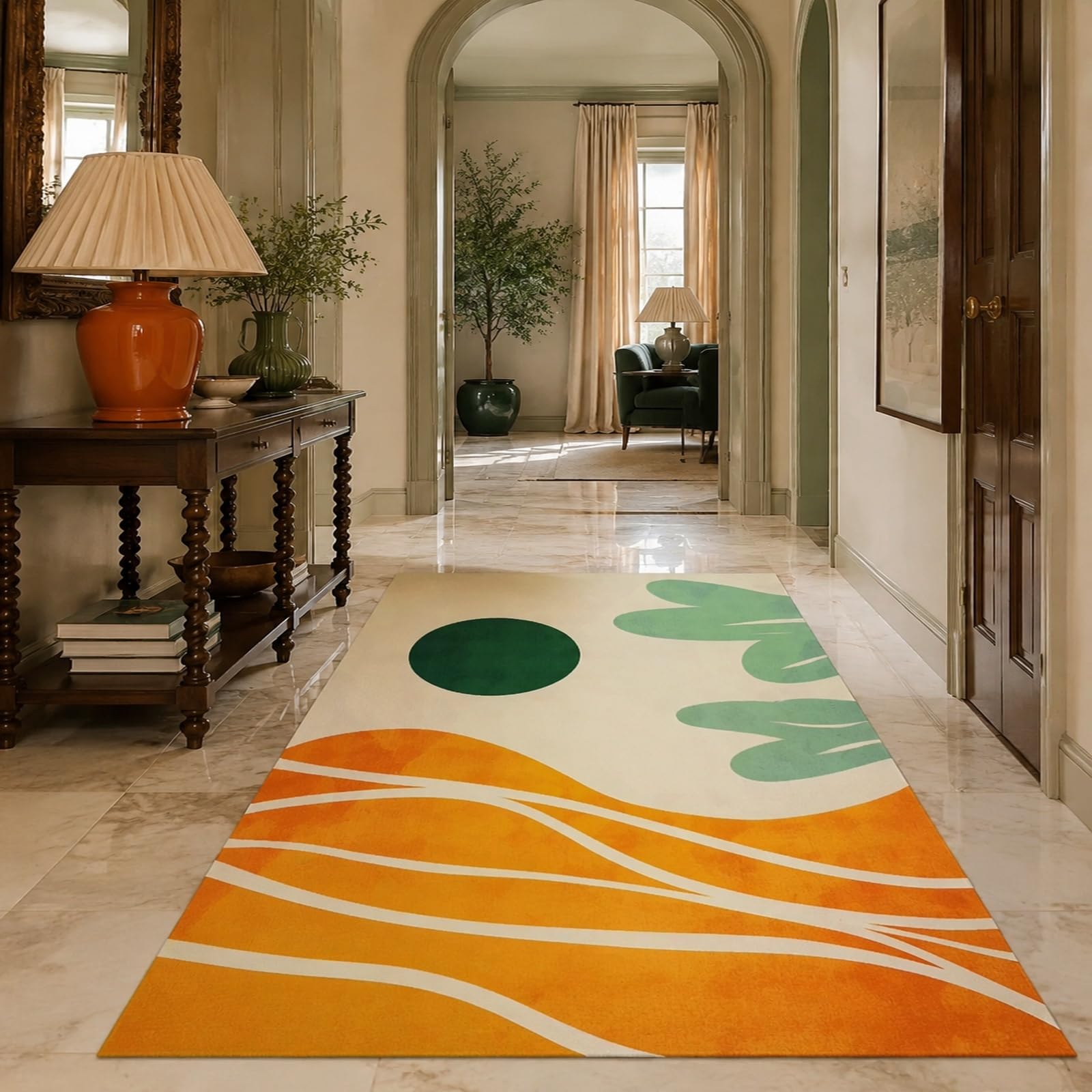 Tappeti di zona, 80 x 160 cm, Astratto Moderno Verde Arancione Bianco Beige, Tappeto Lavabile, Rugs Decorativa per Tavolino Salotto, Armadio Camera da Letto,