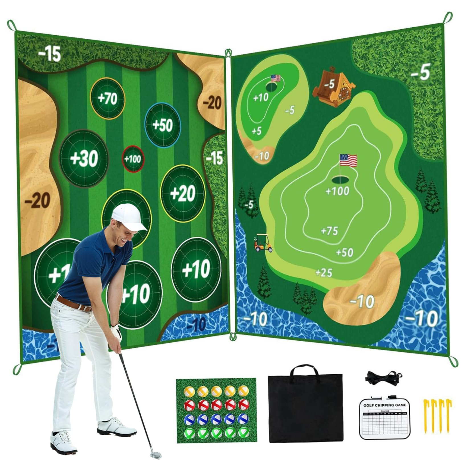 Bemonew Sticky Golf Chipping Mat Golf Chipping Game Mat, Double-Sided Game with Hitting 6x5 FT for Indoor Outdoor Use, Portable with Storage Bag